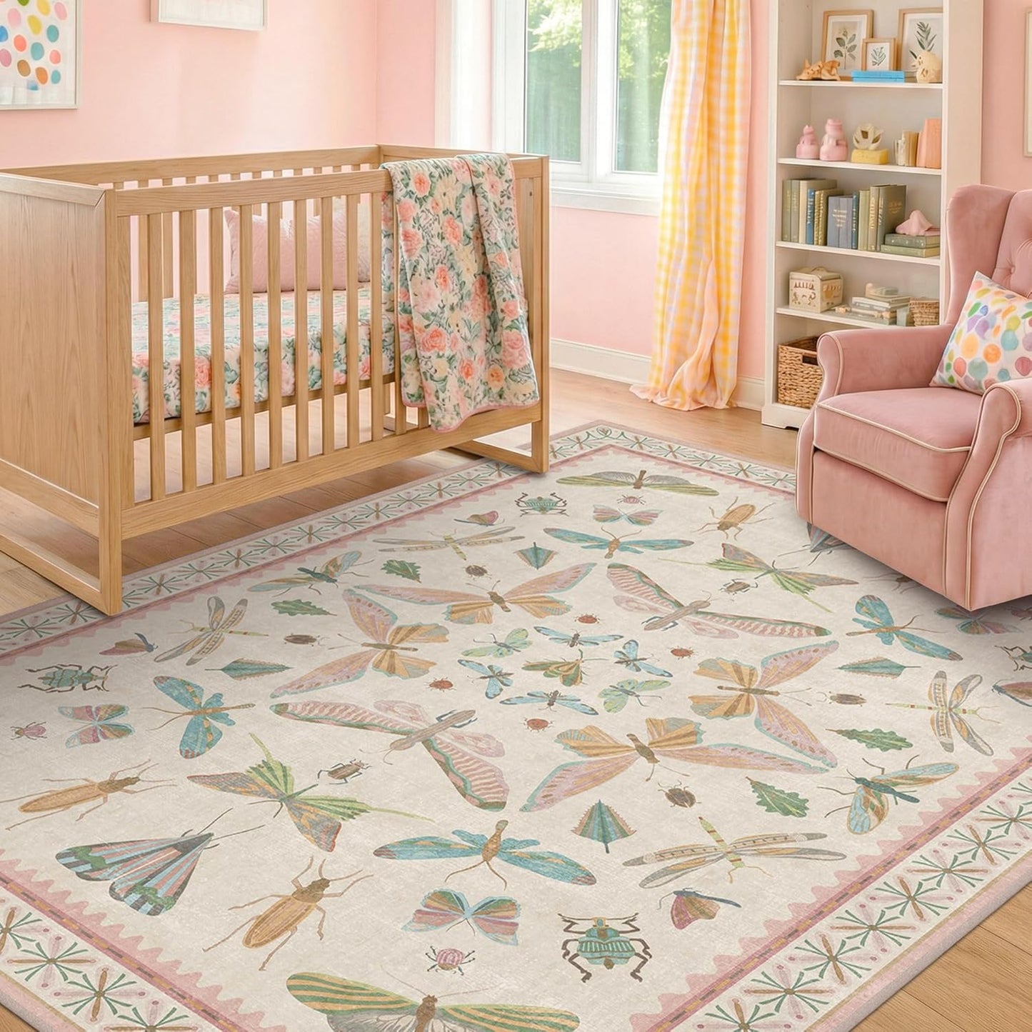 Butterfly Area Rugs 5x7 for Baby Nursery, Cute Light Pink Rugs for Bedroom Girls, Living Room, Kids Room Playroom Reading Corner, Washable Ultra Soft Stain Resistant Floral Floor Decor