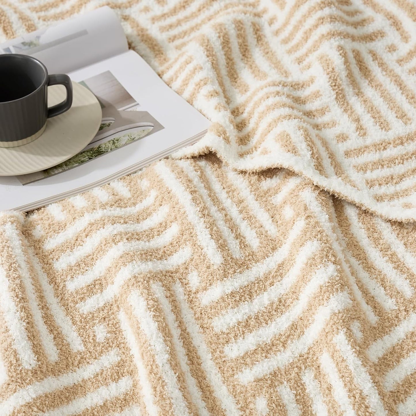 Snuggle Sac Ultra Soft Boho Throw Blanket for Couch Sofa Bed 50x60 inches, Reversible Beige Striped Blanket Microfiber Fluffy Fuzzy Cozy Knit Soft Throws Birthday Gifts for Women