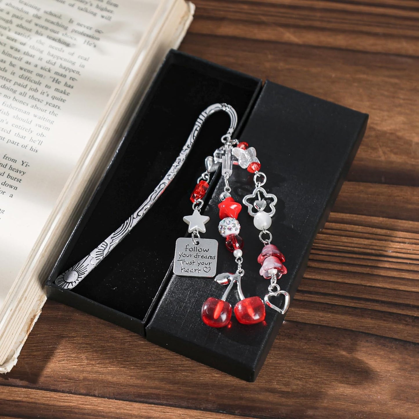 Cute Cherry Metal Bookmark - Charm Red Aesthetic Book Marks Gifts Unique Chain Page Maker Merch for Reading Lovers Women Girls Readers Bookish Students Teachers Birthday School Accessories
