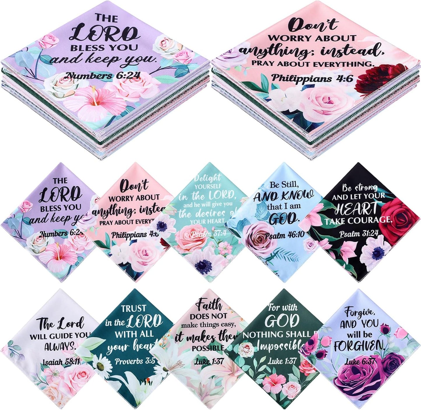 Kinlop 30 Pcs Christian Handkerchief for Women Prayer Handkerchief Christian Gift Bulk Ladies Floral Hankies Inspirational Scripture Bible Verse Religious Church Gift for Mom Sister Friend Teacher