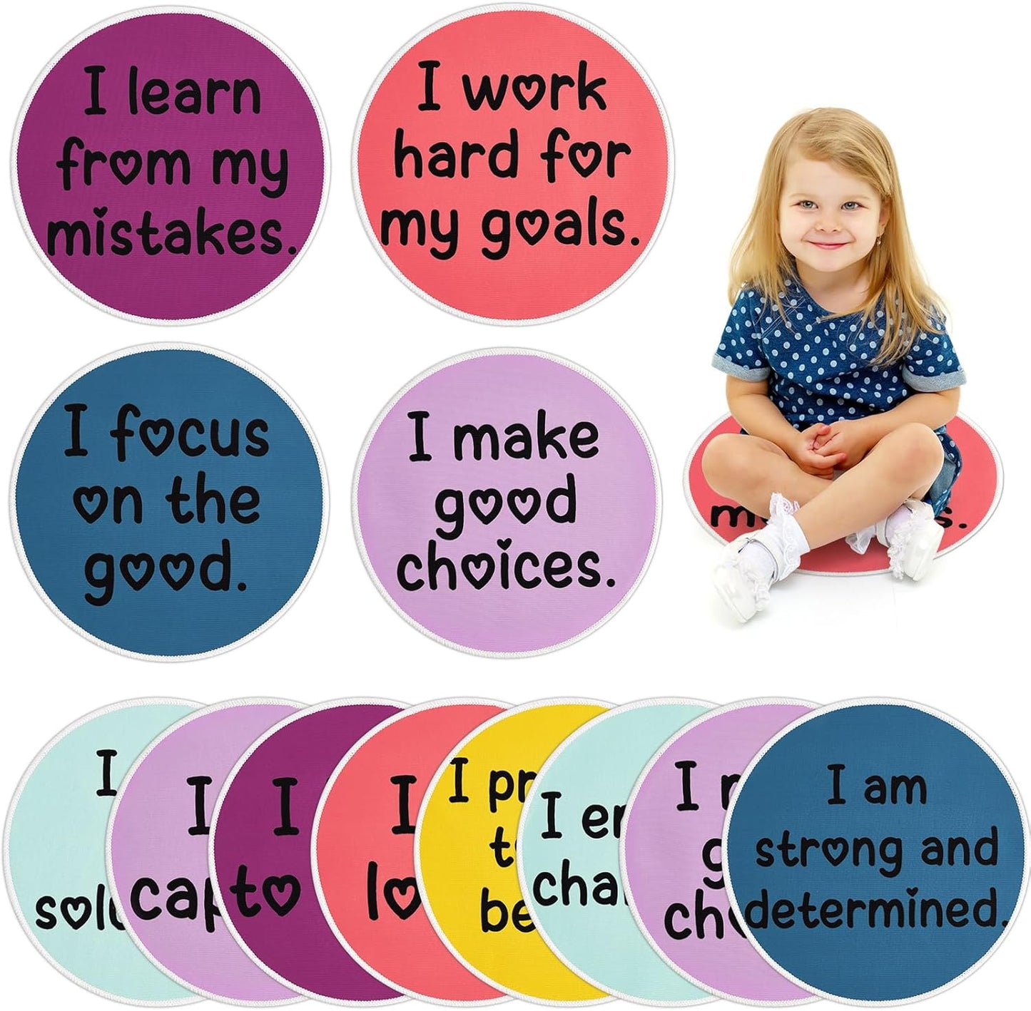 OBUSATT 12Pcs Carpet Circle Seats 15 Inch Positive Affirmations Round Classroom Rug Non Slip Floor Cushions Mat for Back to School Nursery Learning Calming Corner Playing Areas Decor(Positive Mindset)