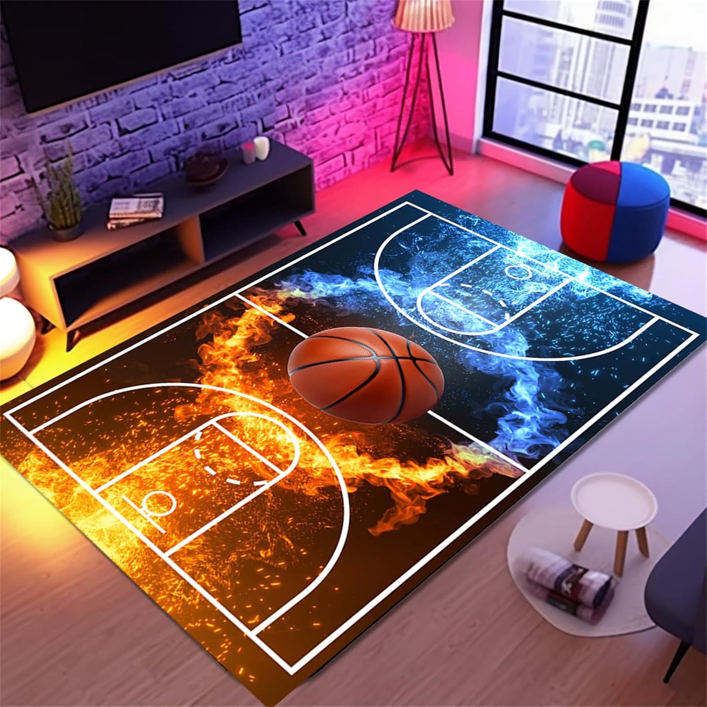Basketball Rug for Boys Bedroom 3'x5' Non Slip Basketball Court Rugs,Fire Printed Sports Carpet for Living Room and Game Room Decor