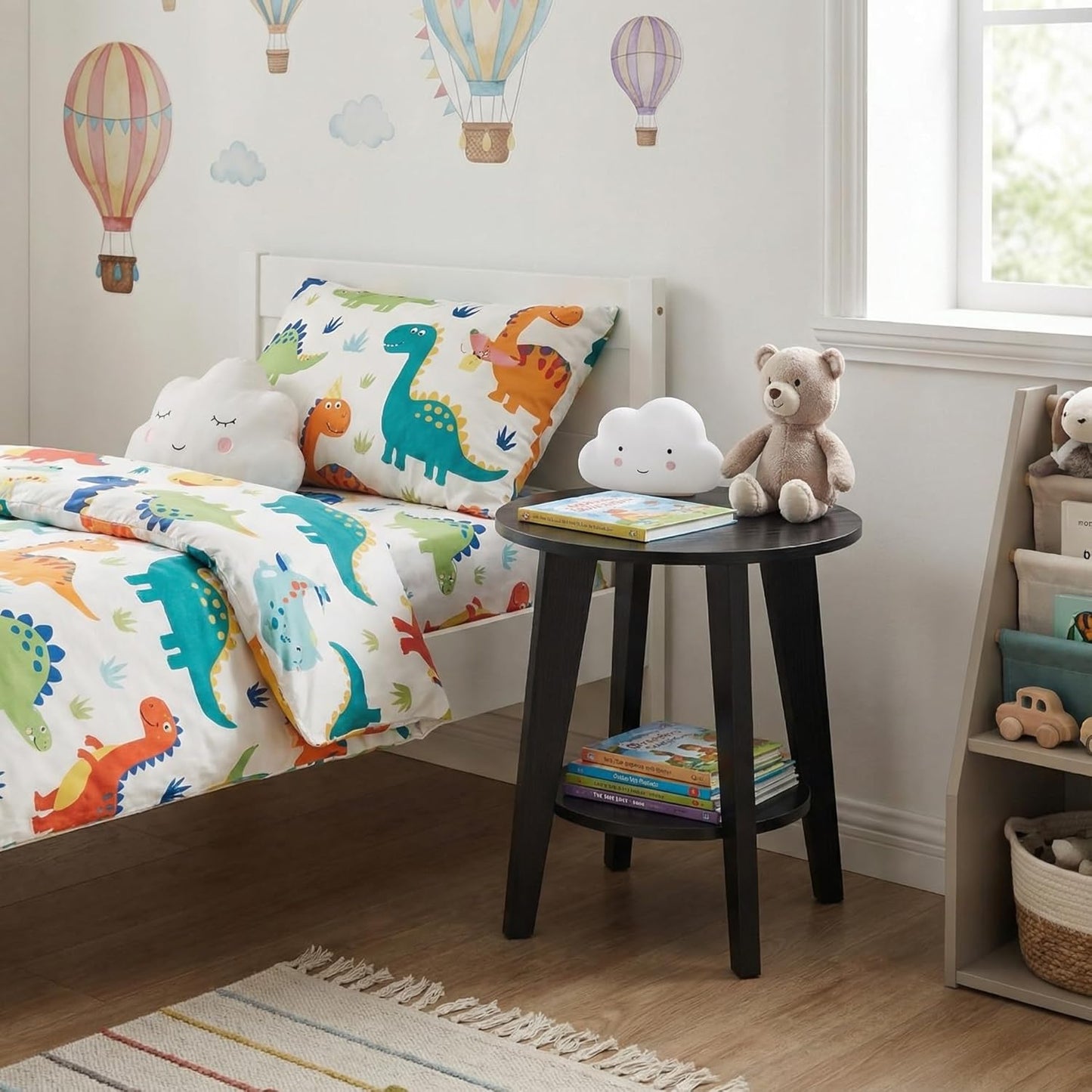 Small Round Side Table - 17.7" Cute End Table with 2-Tier Storage - Waterproof Low Nightstand for Kids Room, Nursery, Small Spaces, Plant Stand & Bean Bag (Black)