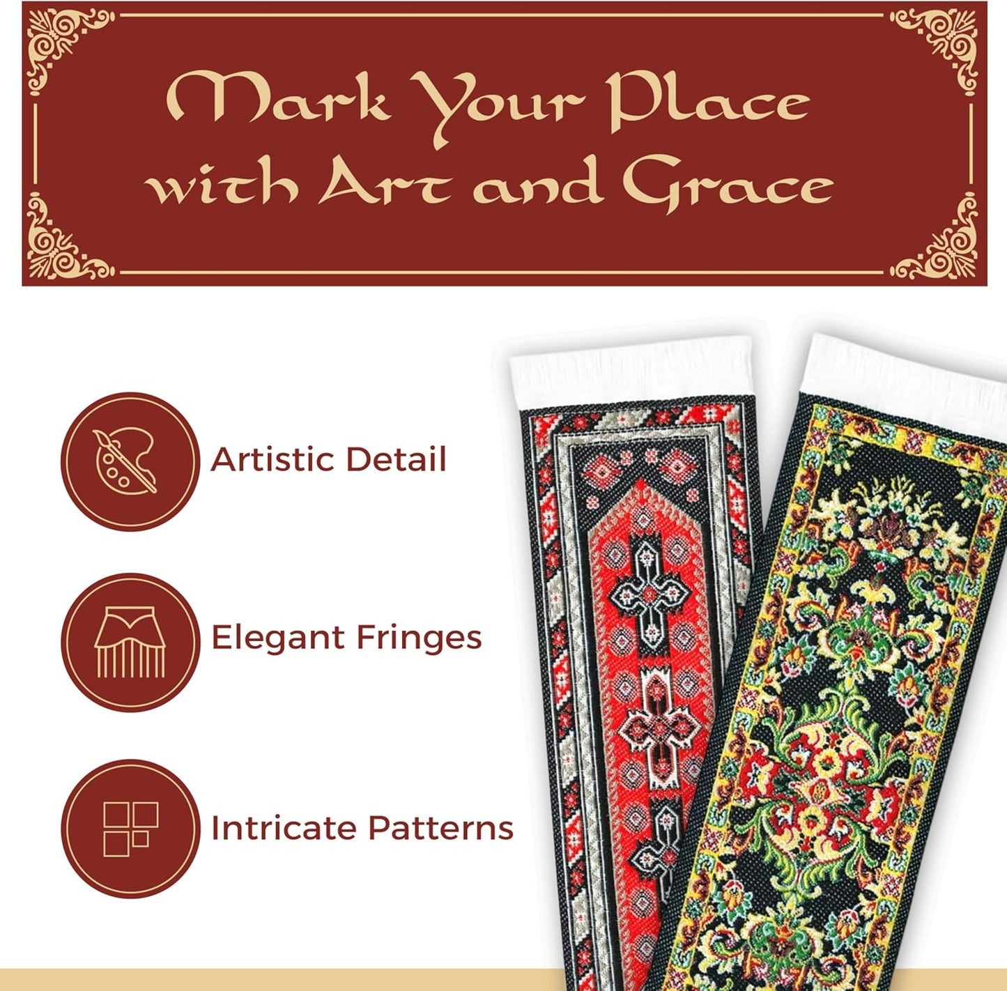 Oriental Carpet Woven Fabric Bookmark - 12 Bookmark Design Collection - Beautiful, Elegant, Cloth Bookmarks! & Stocking Stuffers for Men, Women, Teachers & Librarians!