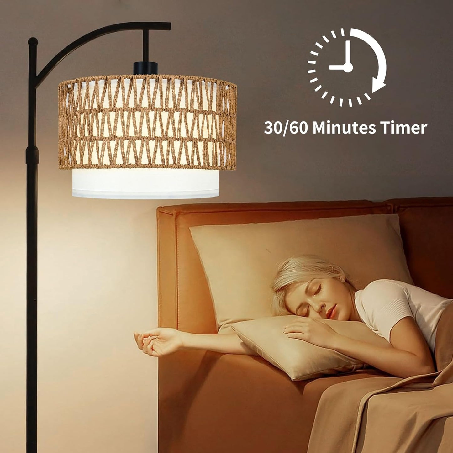 Arc Floor Lamp with Table and Shelves,Rattan Boho Floor Lamp with Remote Control,Rustic Floor Lamps for Bedroom Wicker Standing Lamp with 3 Color Temperature Tall Lamp for Living Room Corner