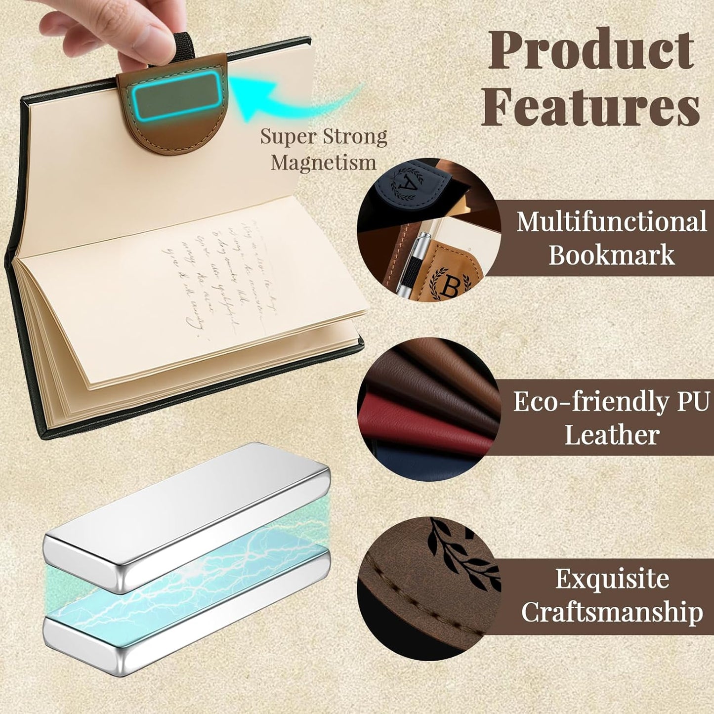 Bygone Mark Bookmark with Pen Holder, 26 Name Initial Letters, 5 Retro Colors, Personalized Magnetic Leather Bookmarks Gift for Women and Men Book Lovers, Students, Teachers (Green, B)