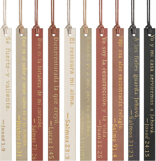 Skyygemm 10 Pcs Spanish Christian Bible Bookmarks for Women Leather Bookmarks Spanish Bible Gifts for Women Book Lovers Readers Church Book Club(Black Brown)