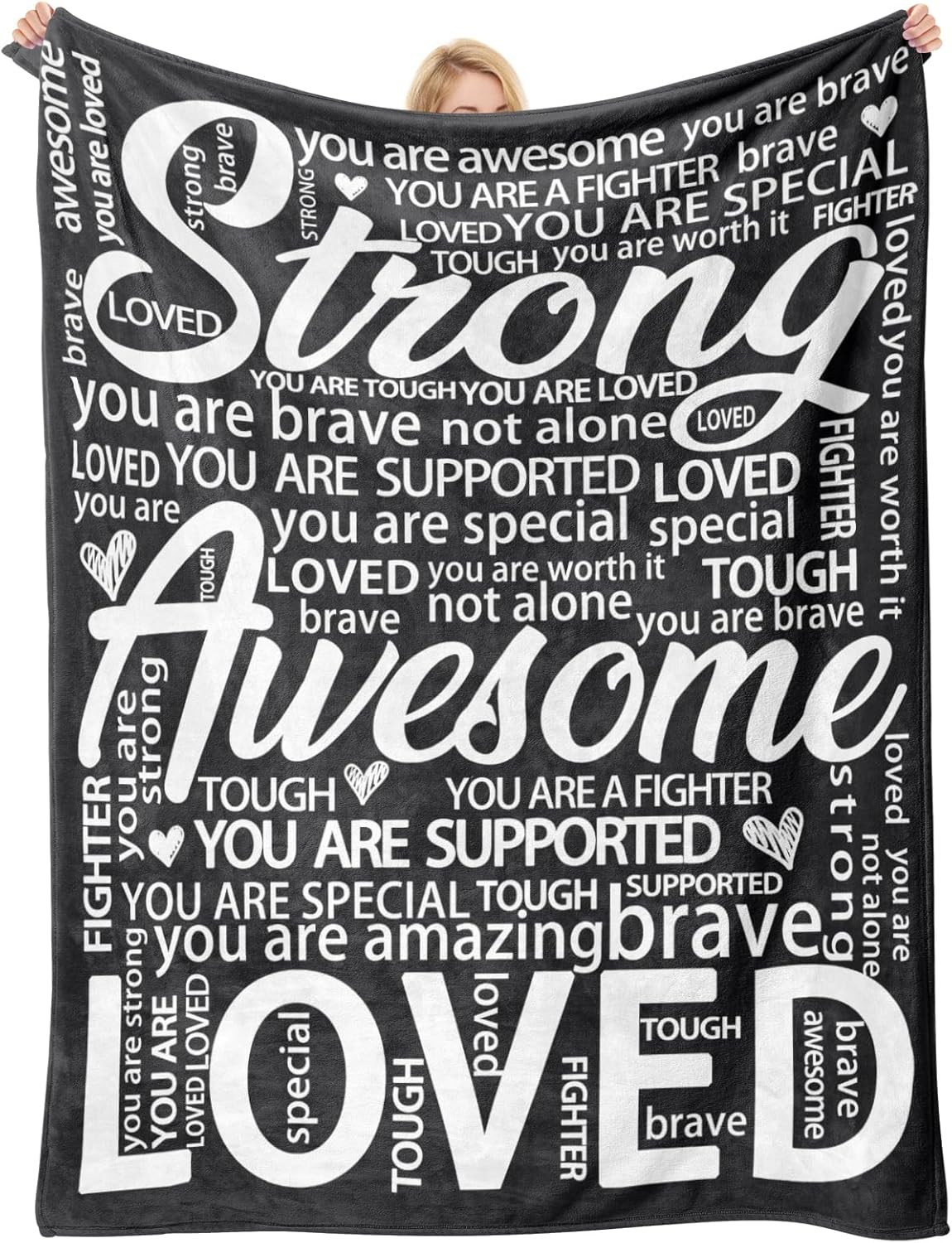 Get Well Gifts for Women or Men, Birthday Gifts, Inspirational Blanket for Her Him, Sympathy Gift, Cancer Care Gifts, Thinking of You Gift for Mom, Dad, Friend, Coworker- Black Hug Blanket 60'' x 50''