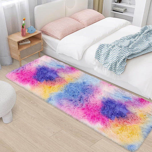 Hot Pink Rainbow Rug for Girls Bedroom Runner 2x6, Fluffy Soft Bedroom Runner Rug for Bedside, High Pile Plush Shag Carpet for Kids Room Living Room Hallway Nursery Unicorn Home Decor Tie Dyed