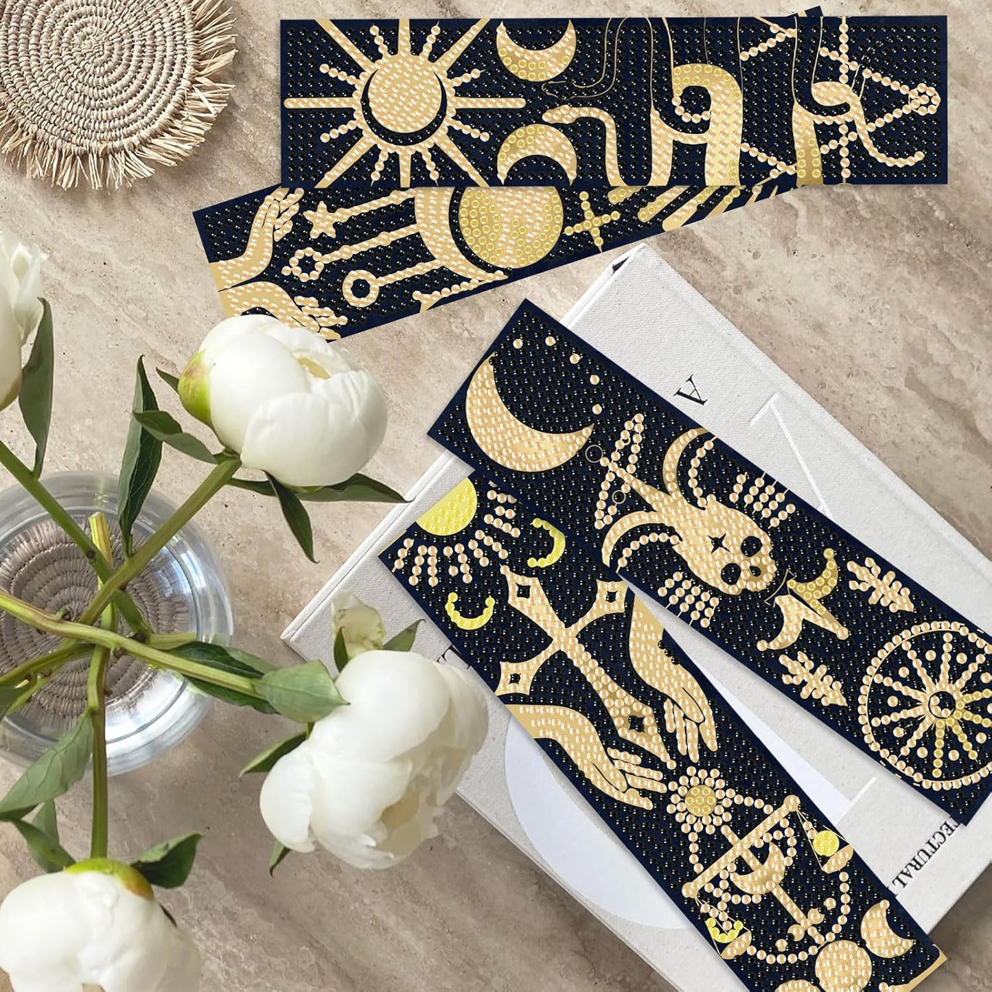 6Pcs Fantasy Divination 5D Diamond Art Bookmarks Sun Moon Scales Diamond DIY Painting Bookmarks Rhinestones Beaded Acrylic Tassel Bookmark for Adult Beginner Crafts