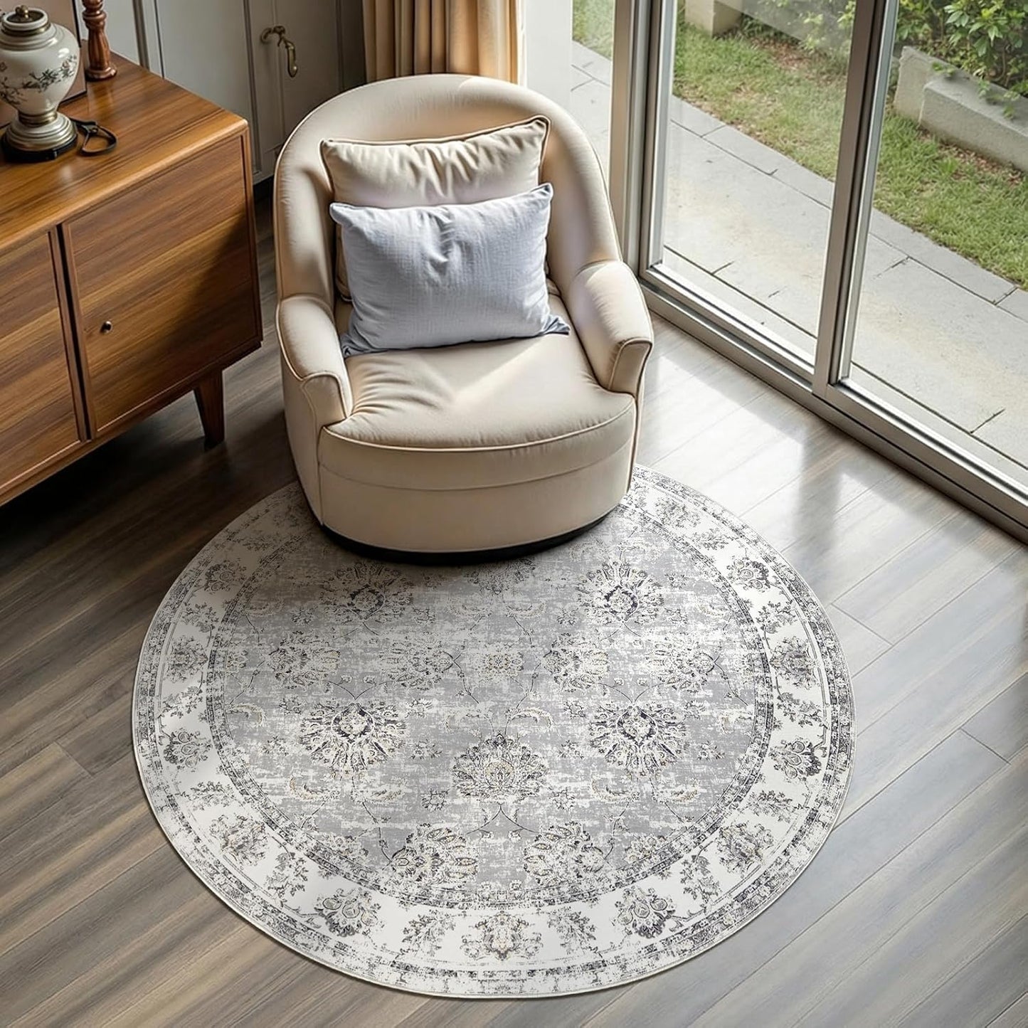 jinchan Fiora Round Rug 4ft Area Rugs Vintage Floral Distressed Design - Machine Washable Non-Slip Low-Pile Ultra-Thin Circle Rug for Entryway Bedside Living Room Dining Room Bedroom (4' Round, Grey)
