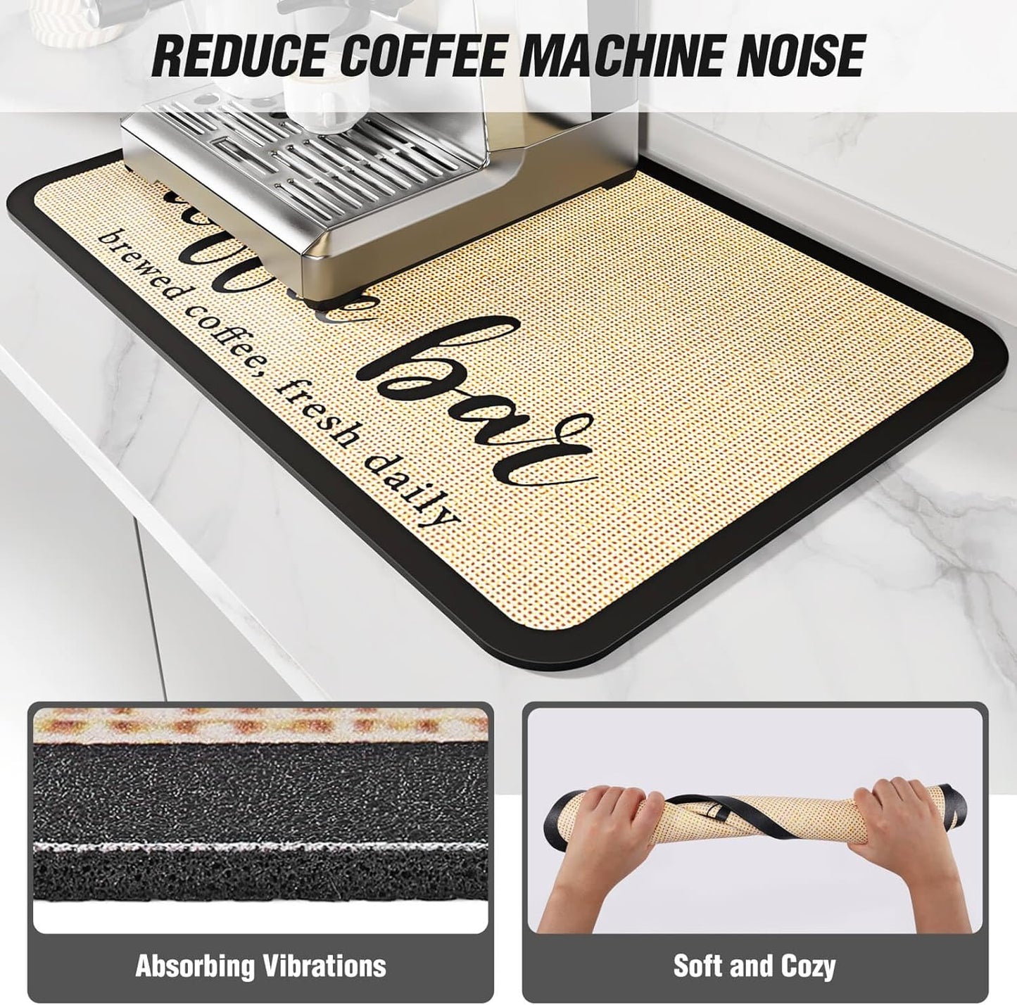 DK177 Coffee Mat - Dish Drying Mat for Kitchen Counter, Hide Stain, Absorbent with Waterproof Rubber Backing, Fit Kitchen Dish Rack Bar Accessories (Coffee Bar, 19" x 12")