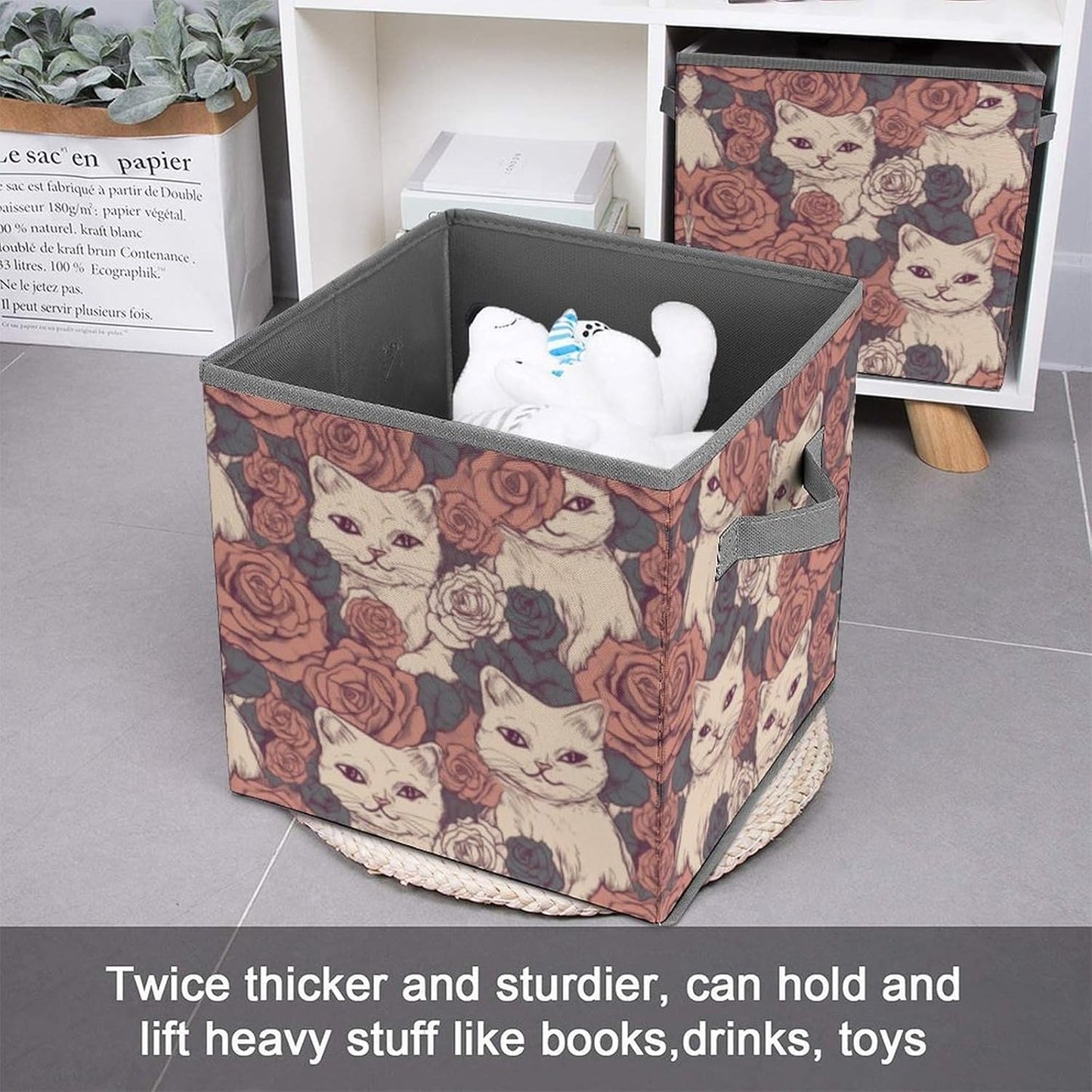 Rose Cat Storage Bins with Handles Fashion Large Storage Cubes Sturdy Foldable Storage Boxes Space-Saving Storage Baskets for Home Office Clothes Closet Organizers