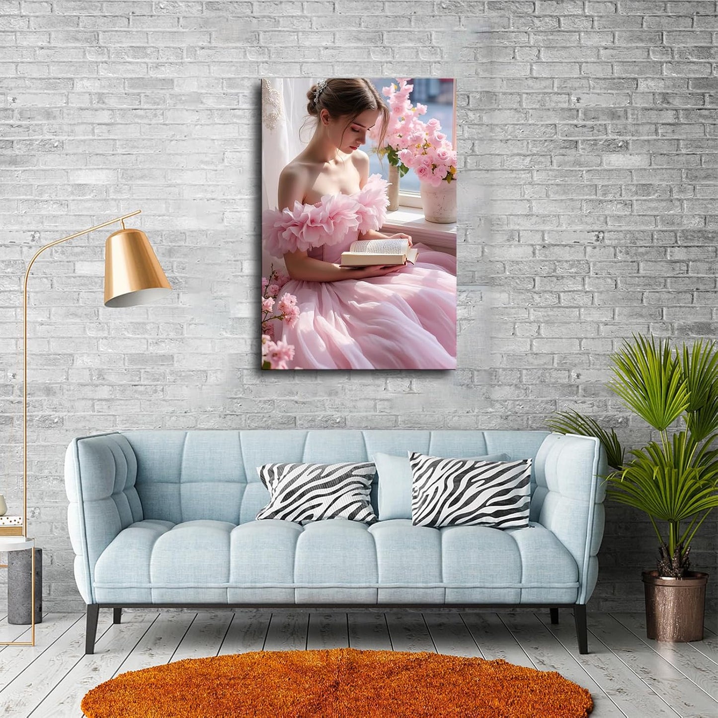 A woman in a pink dress reading a book Poster Wall Decor Wall Art Printing Picture Canvas Living Room Decor Painting Framed and Unframed. (12x18inch-Framed)