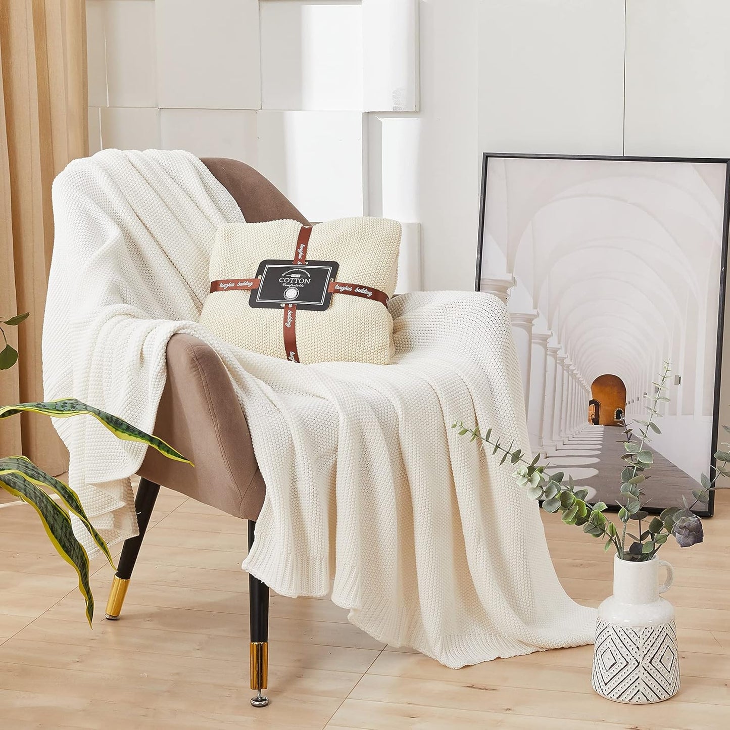Longhui bedding Cotton Cable Knit Throw Blanket for Couch Sofa Bed, Home Decorative, Lightweight Woven Blankets with Bonus Laundering Bag, 50“ x 60”, Beige