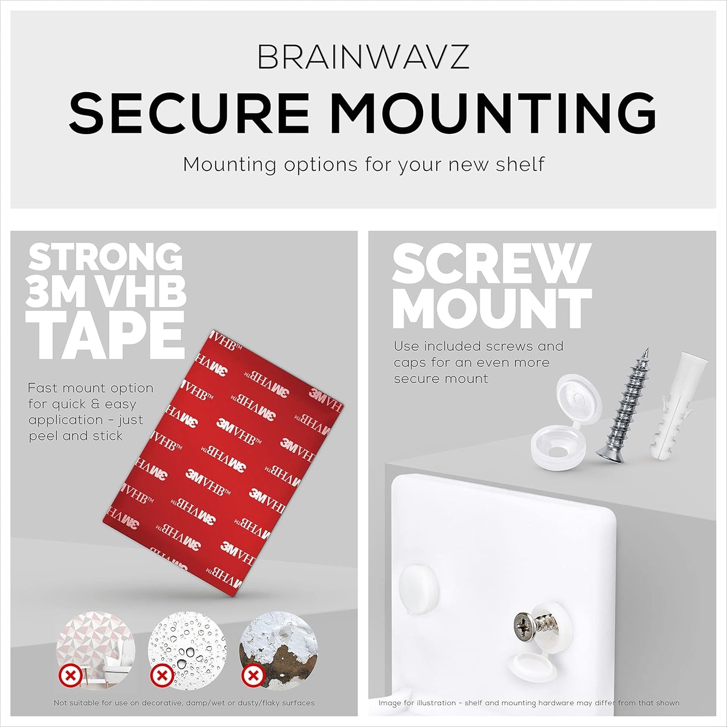 BRAINWAVZ 5” Small Floating Shelf, Adhesive & Screw in, for Bluetooth Speakers, Cameras, Plants, Books, Toys & More, Universal Shelves, Easy to Install Shelf CF2105 White