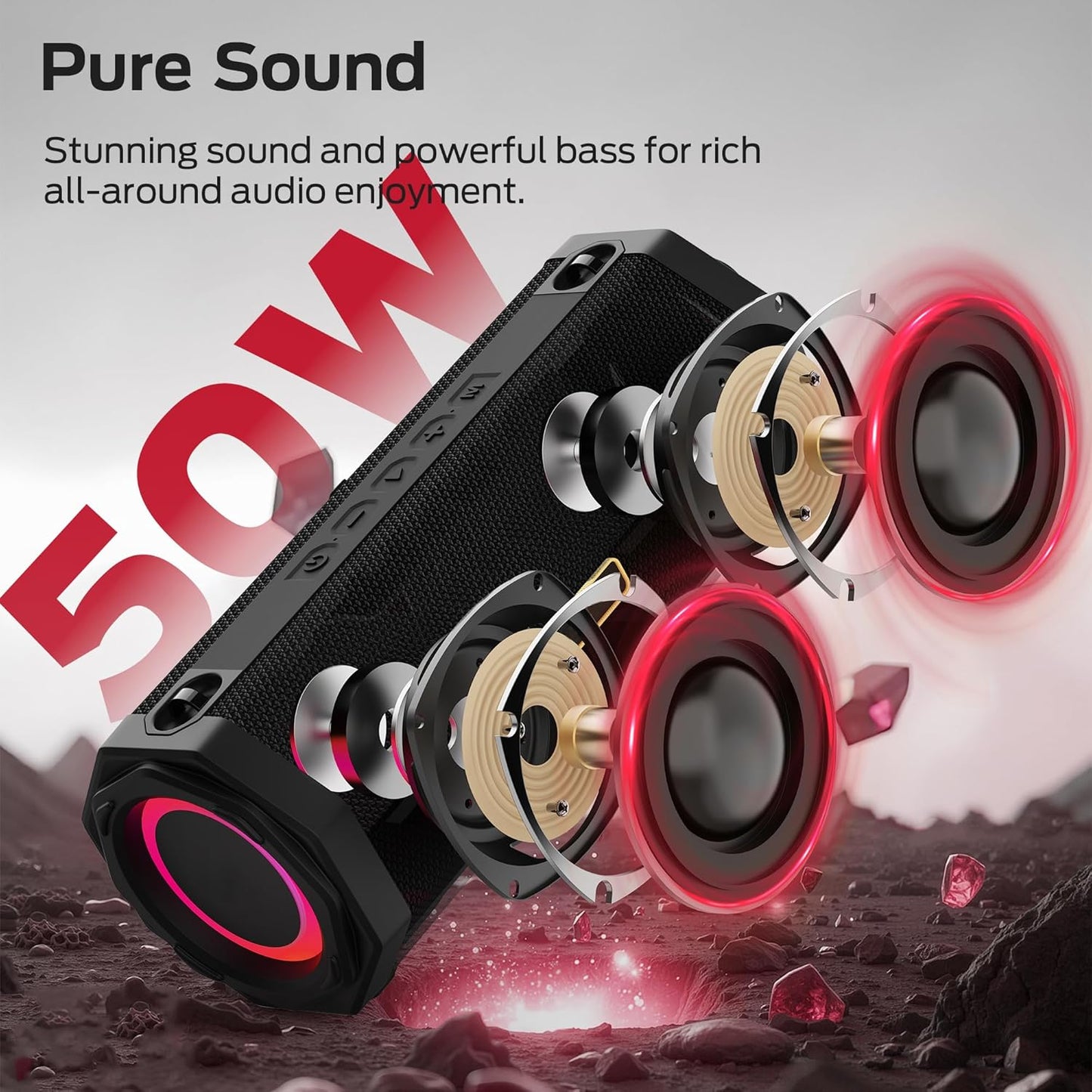 Monster Speaker S200 Wireless Portable Bluetooth Speaker, 24H Playtime, IPX6 Waterproof, 50W Stereo Sound, Bluetooth 5.4, Dual Bass Speakers, Perfect for Home, Parties, and Travel.Black