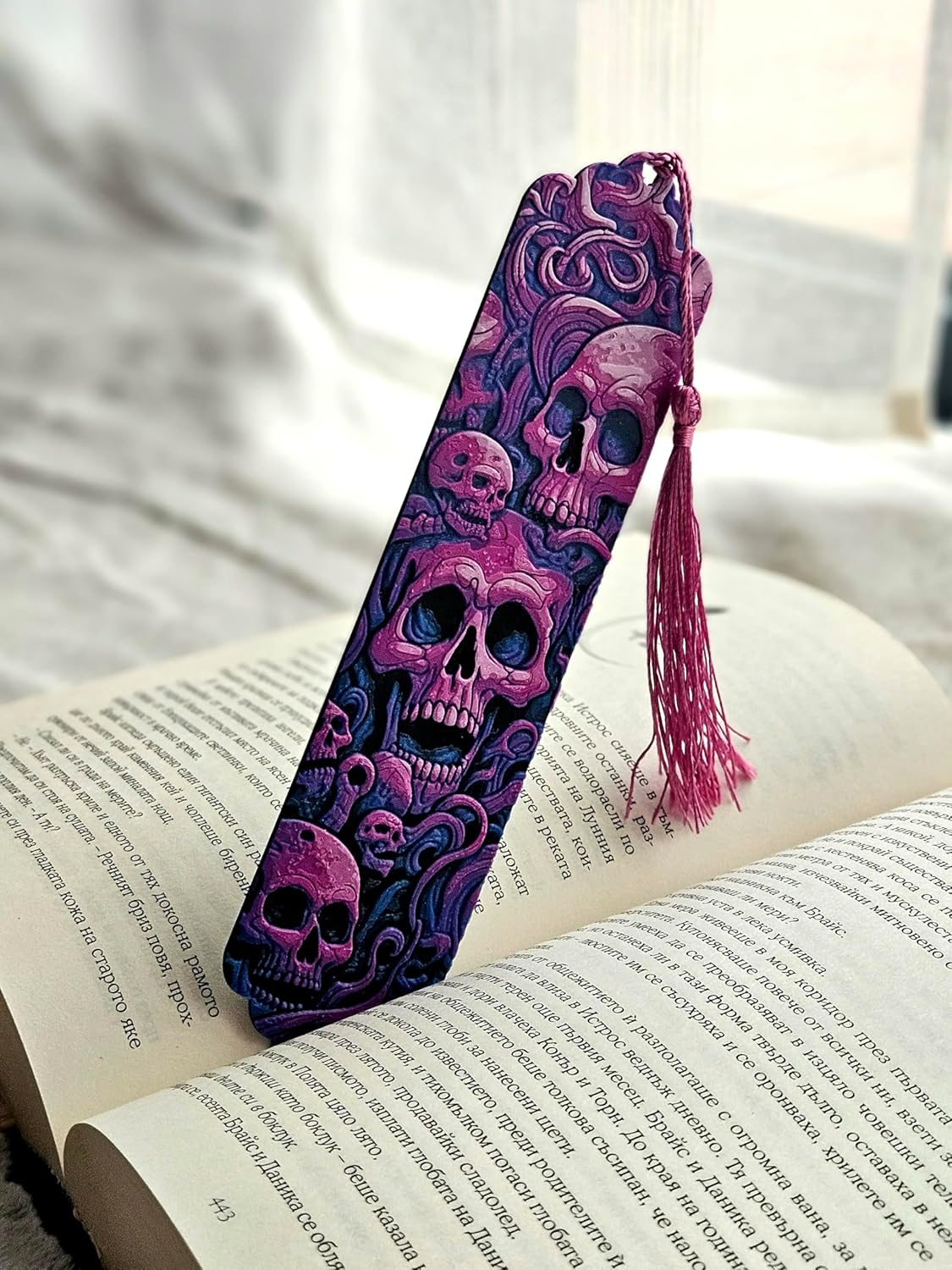 Gothic Skull Bookmark with Pink Tassel, 3D Printed, Purple and Navy Design, Horror Theme Decorative Page Marker