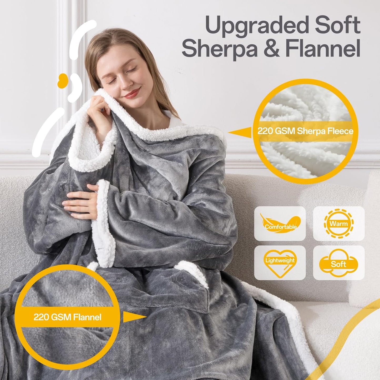 Wearable Electric Blanket Heated Throw, 52" x 72" Fast Heating Wrap Poncho Shawl with Foot Pocket & Sleeves, 6 Heat Levels & 12 Hours Auto Shut-Off, Machine Washable, ETL & FCC Certified, Grey