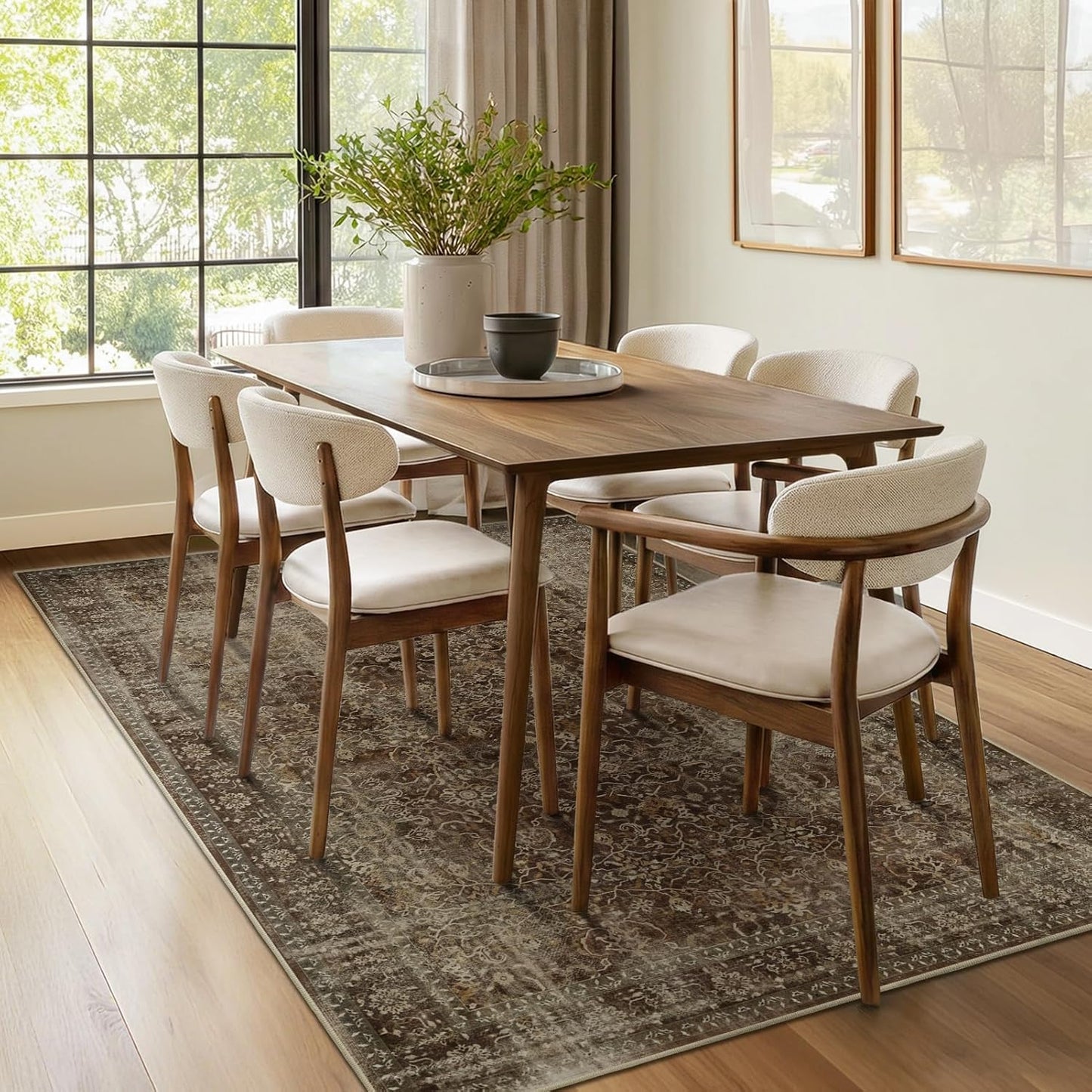 Distressed Coffee Brown Living Room Rugs 6x9, Washable Non Slip Thin Carpet Rugs for Dining Room Under Table, Vintage Earth Tone Area Rugs for Bedroom Home Office Reading Nook