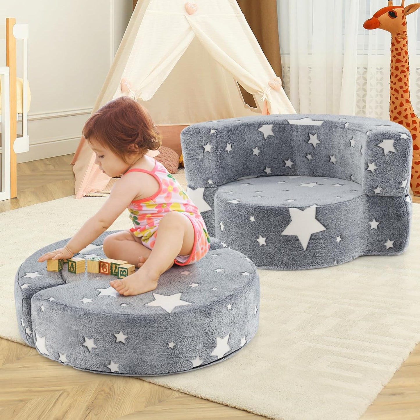 Costzon Kids Couch, 2 in 1 Convertible Toddler Reading Chair Sofa Glow in The Dark with 8-inch Sitting Cushion, Flannel Cover, Lightweight Children Plush Sofa Chair for Boys Girls Gifts