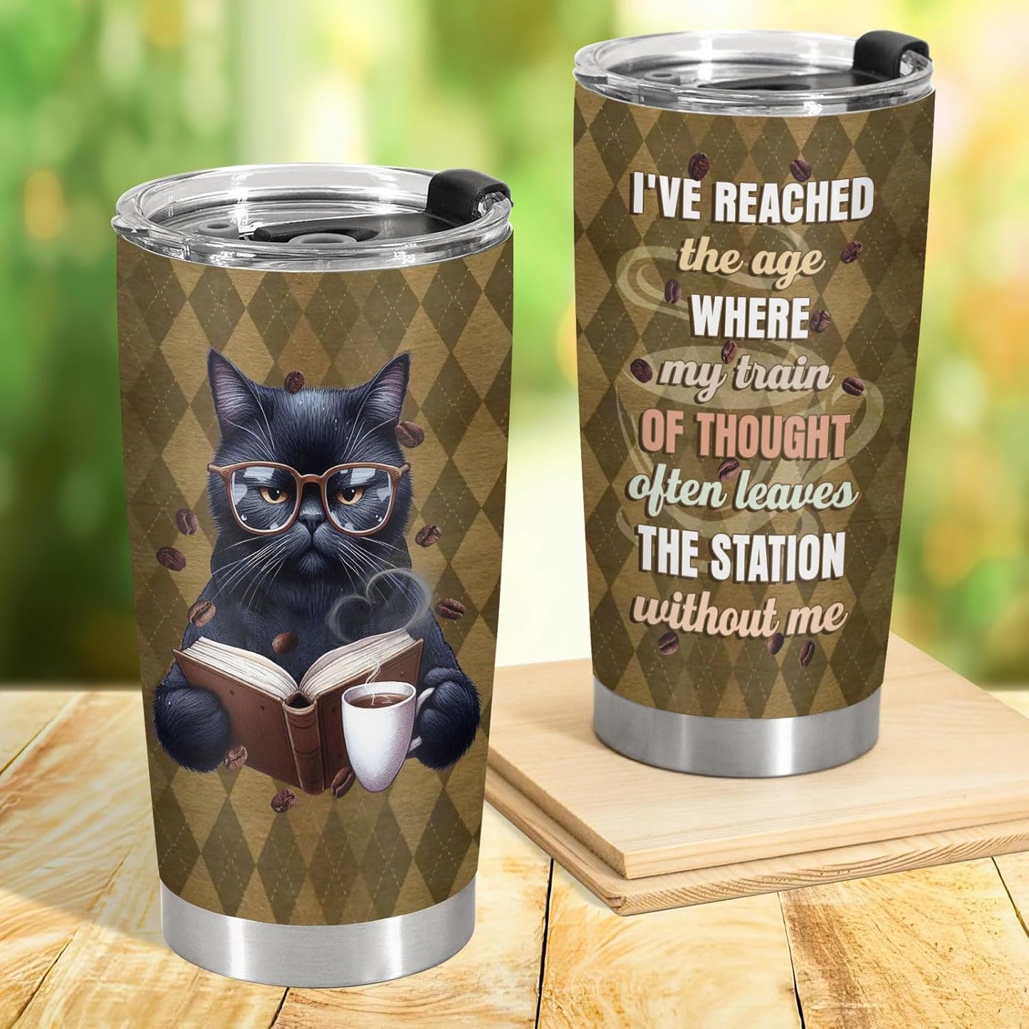 34HD Cat Bookish Tumbler 20oz Stainless Steel Insulated Travel Coffee Cup - Funny Book Lover Gift for Feline Mom on Birthday, Mother's Day & Christmas