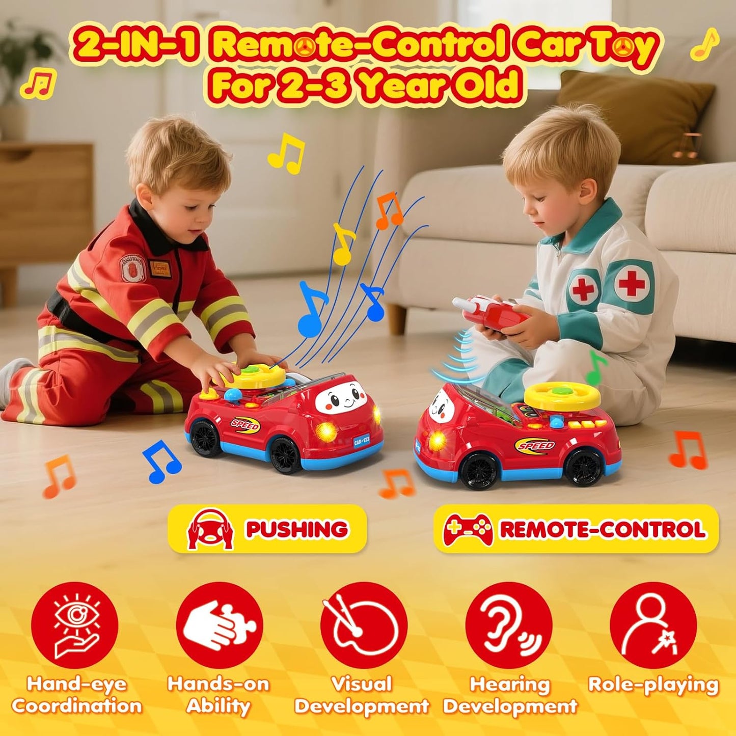 Toddler Toys For Ages 1-3 Boy - Remote Control RC Push Car Racing Adventure Steering Wheel Driving Games,Interactive Learning Educational Christmas Birthday Gift For Kids Age 1 2 3(Yellow Red)