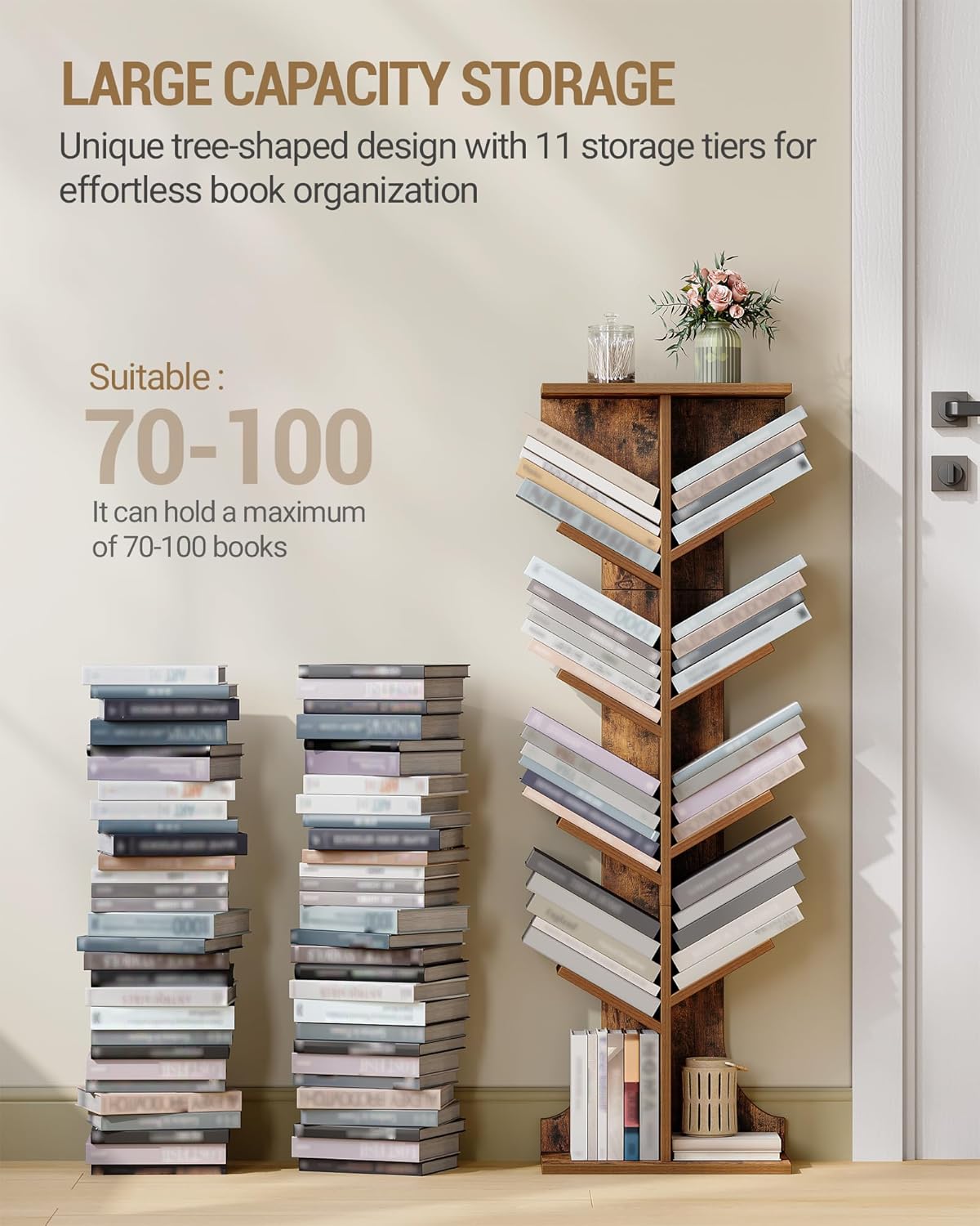 Tree Bookshelf, 11 Tier Narrow Bookcase, Display Shelf, Book Organizer, Small Floor Standing Book Shelf for Bedroom, Living Room, Home Office, Rustic Brown BC01601X