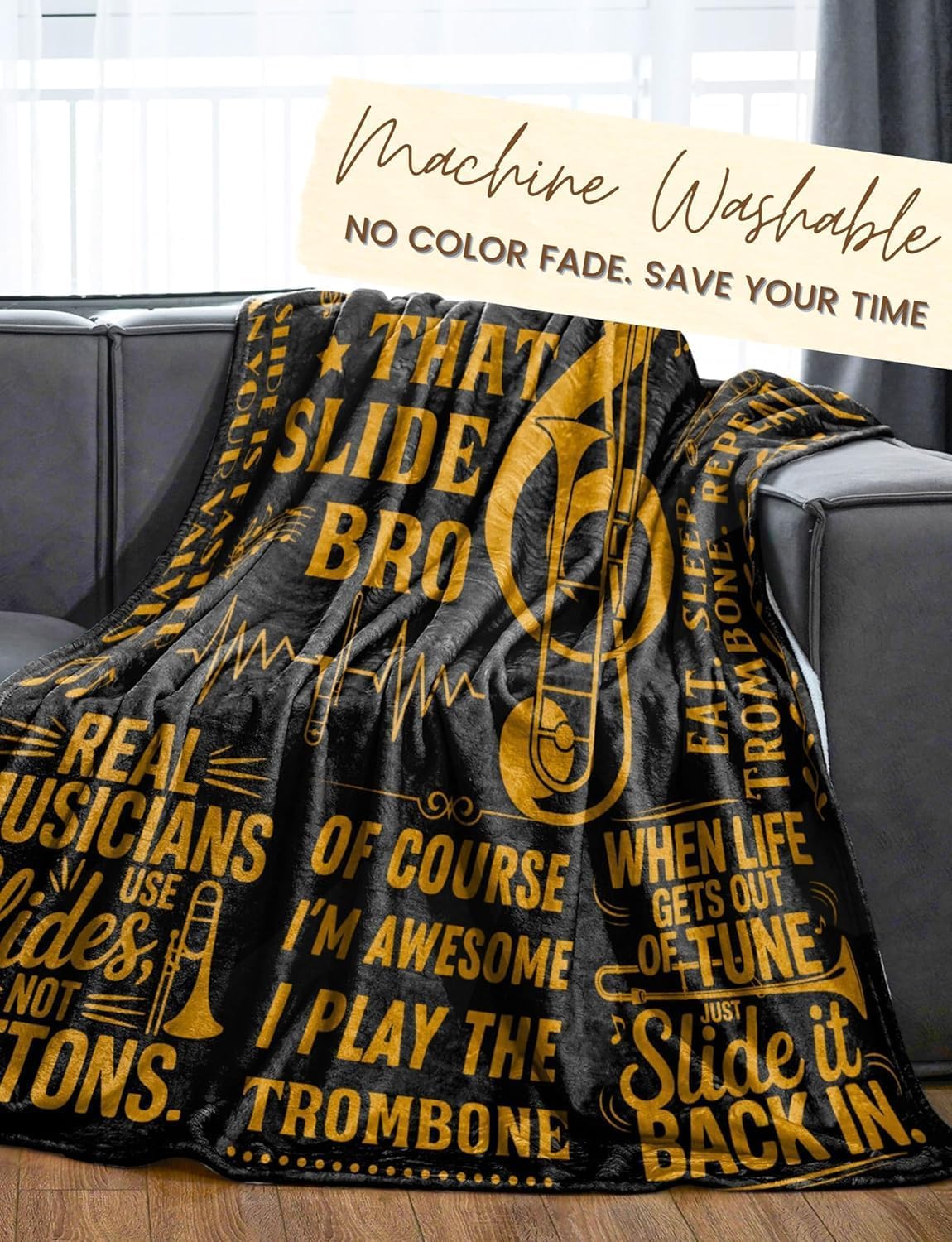 Trombone Gifts for Trombonist, Bed Flannel Plush Throw Blankets for Birthday, Christmas, Black