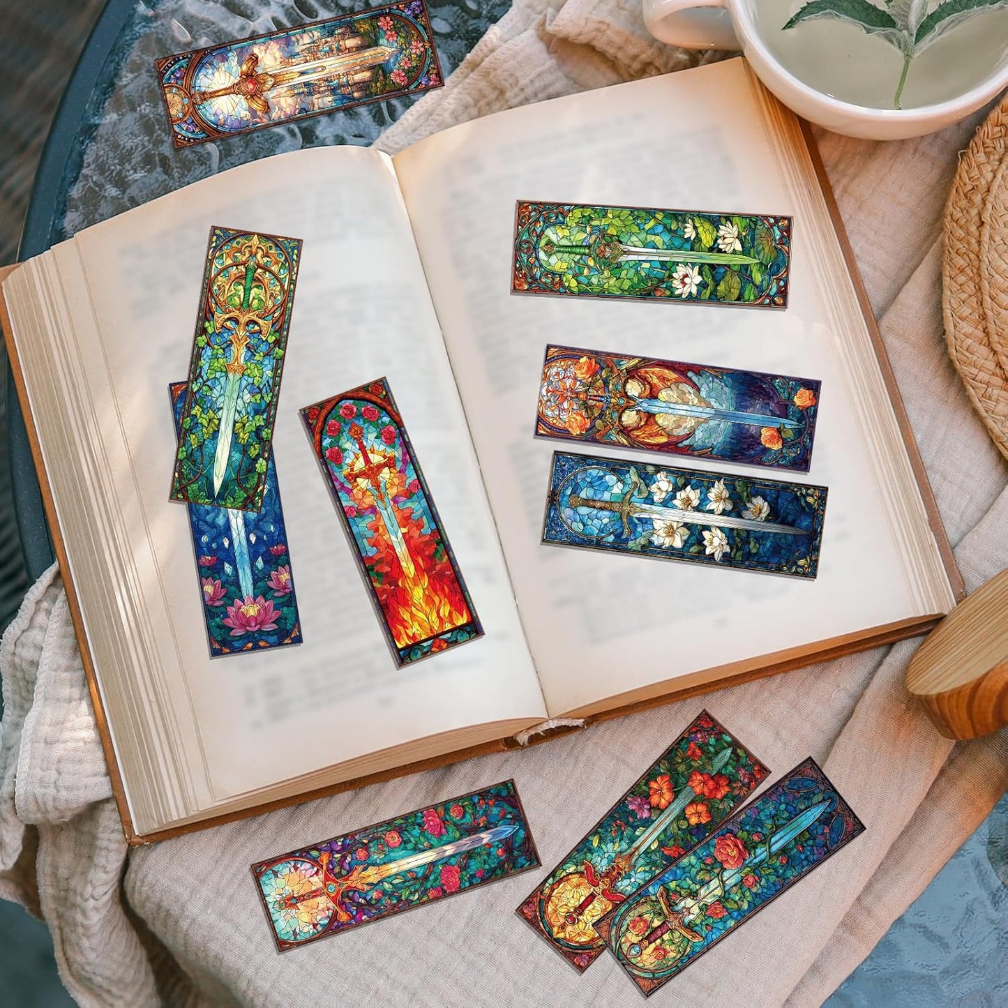 Stained Glass Sword Bookmarks - 100 Pcs Cool Fantasy Bookmark Unique Sword Flower Book Marks Book Markers Page Clip GIFS for Women Men Teens Students Teacher Reading Bookworm Bookish