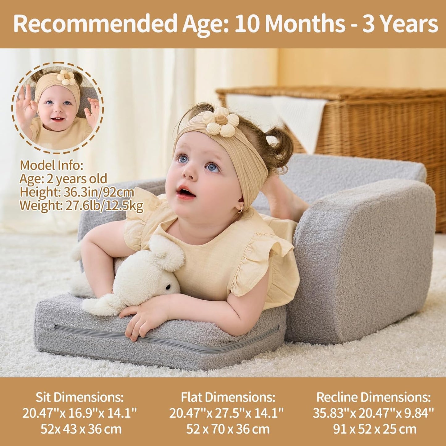 KidBloom 3-in-1 Toddler Couch, Toddler Chairs Comfy 1-3 Years Old, Kids Couch Bed Fold Out, Gifts for 1 2 Year Old Girls Boys