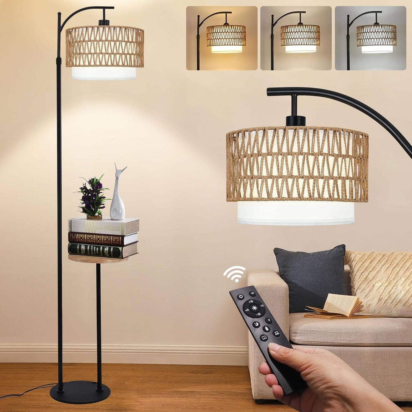 Arc Floor Lamp with Table and Shelves,Rattan Boho Floor Lamp with Remote Control,Rustic Floor Lamps for Bedroom Wicker Standing Lamp with 3 Color Temperature Tall Lamp for Living Room Corner