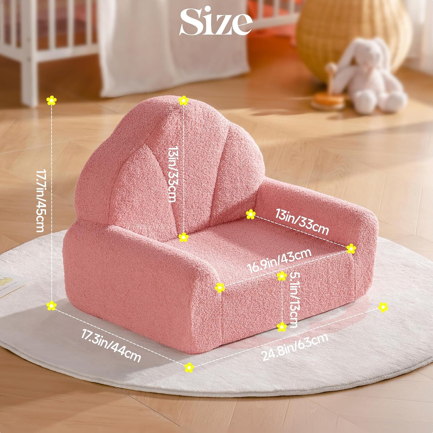 ROBUD Toddler Chair, Comfy Kids Sofa with Teddy Fleece, High Resilience Sponge, and Hidden Storage Pocket, Toddler Couch with Princess Style Design, Kids Couch for Boys and Girls, Pink
