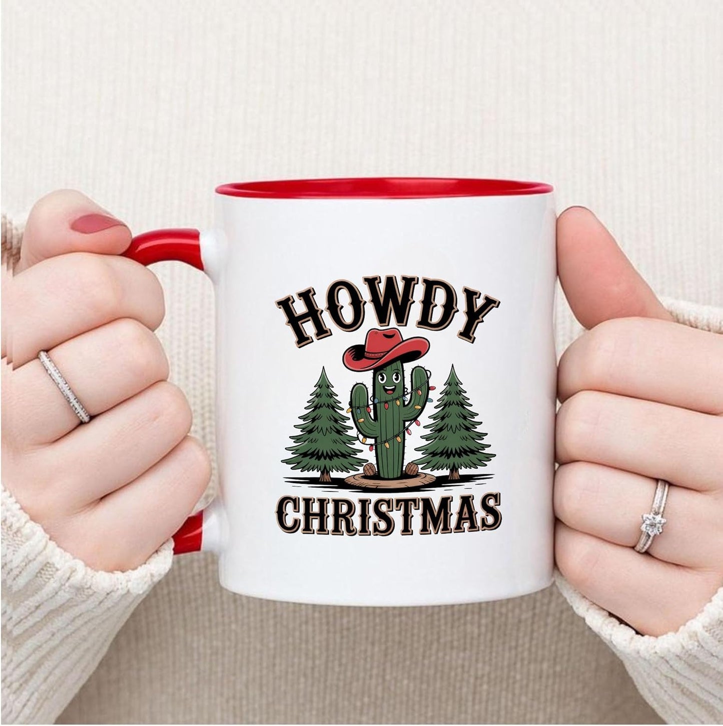 Rustic Howdy Christmas Western Cactus Two-Tone Accent Mugs, 11oz 15oz Drinking Cups, Kitchen Décor, Gifts For Book Lovers
