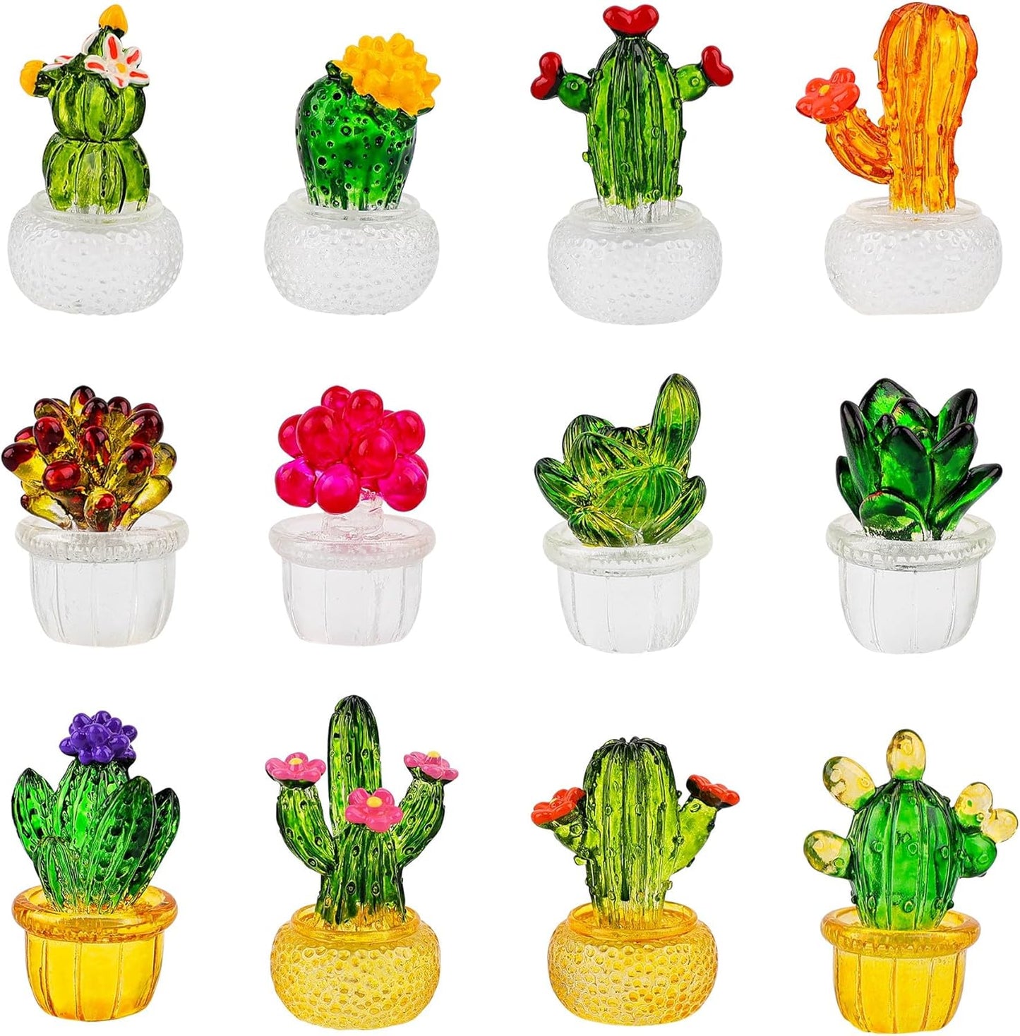 Framendino, 12 Pack Miniature Cactus Figurines Mini Resin Succulent Set Glass Sculpture for Car Interiors Desktop Home Decorations
