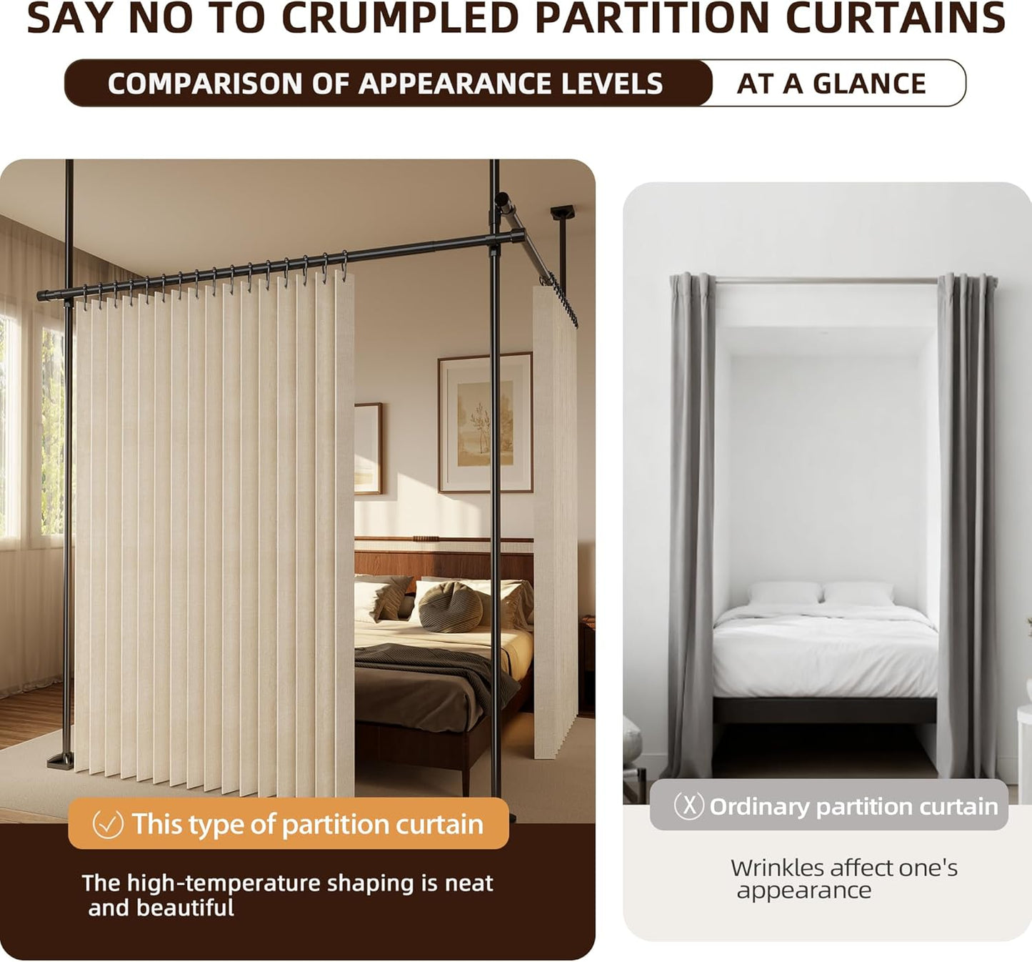 Folding Room Divider Curtain – Lightweight Draping Bedroom Privacy Curtain, Window and Bed Separator with Hooks and Tie-Back (Cream Color, W98*H95inch)