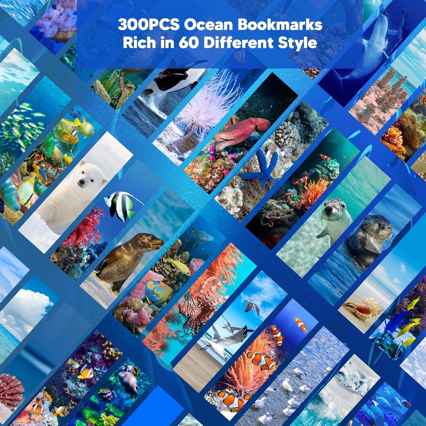 300PCS Ocean Bulk Bookmarks for Kids Classroom 60 Designs Cool Ocean Bookmark Cute Book Mark Double Sided Bookmark for Book Lovers Students Children Rewards Gifts