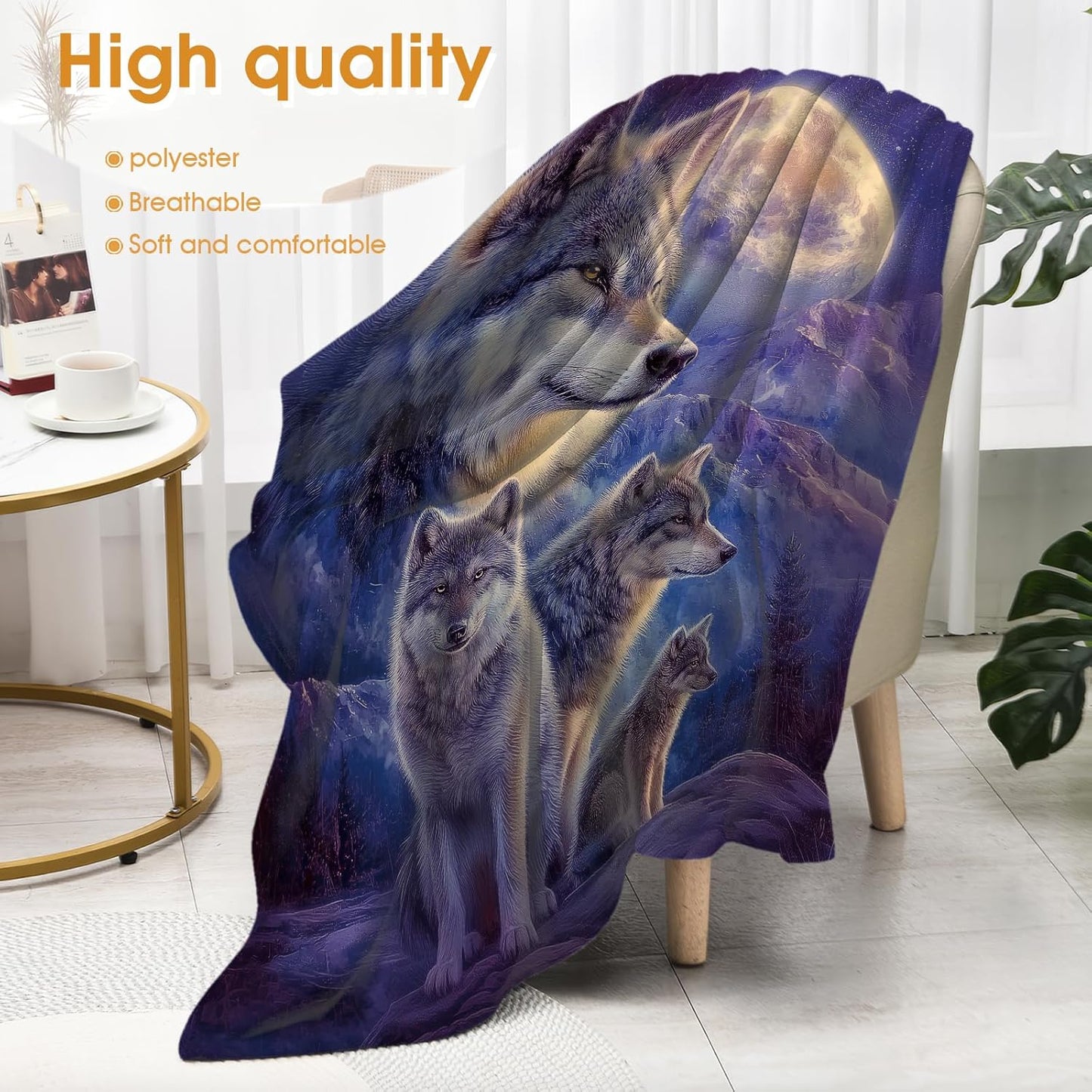 Wolf Starry Sky Moon Blanket for Adults Kids Mountains Trees Decor Gifts for Women Men Boys Girls Birthday Christmas Halloween Easter Dad Wife Mom Son Husband Boyfriend Throw Blanket 50"x60"