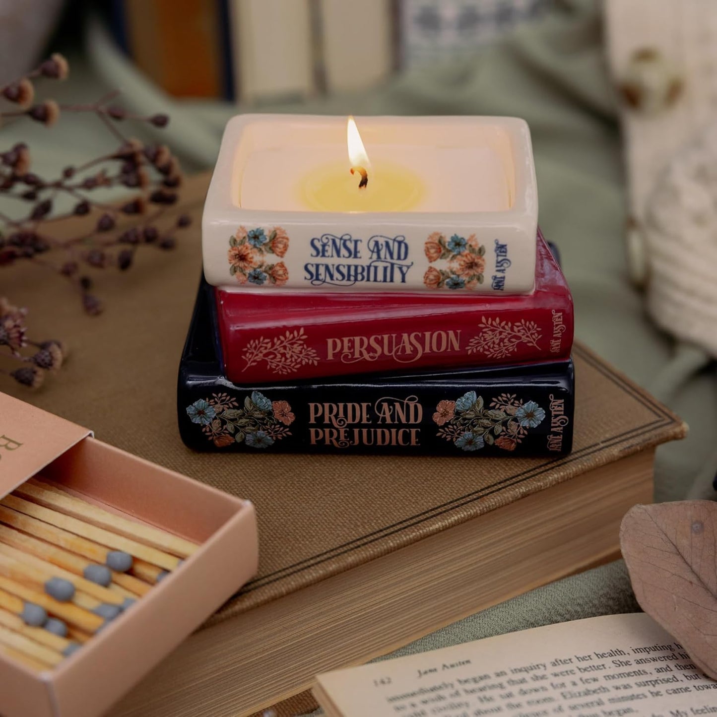 Steel Mill & Co Novelty Shaped Book Theme Scented Candle, Library Stack 6.5 oz Wax Candle with Notes of Earl Gray Tea and Honey, Unique Gift for Mother's Day (Jane Austen)