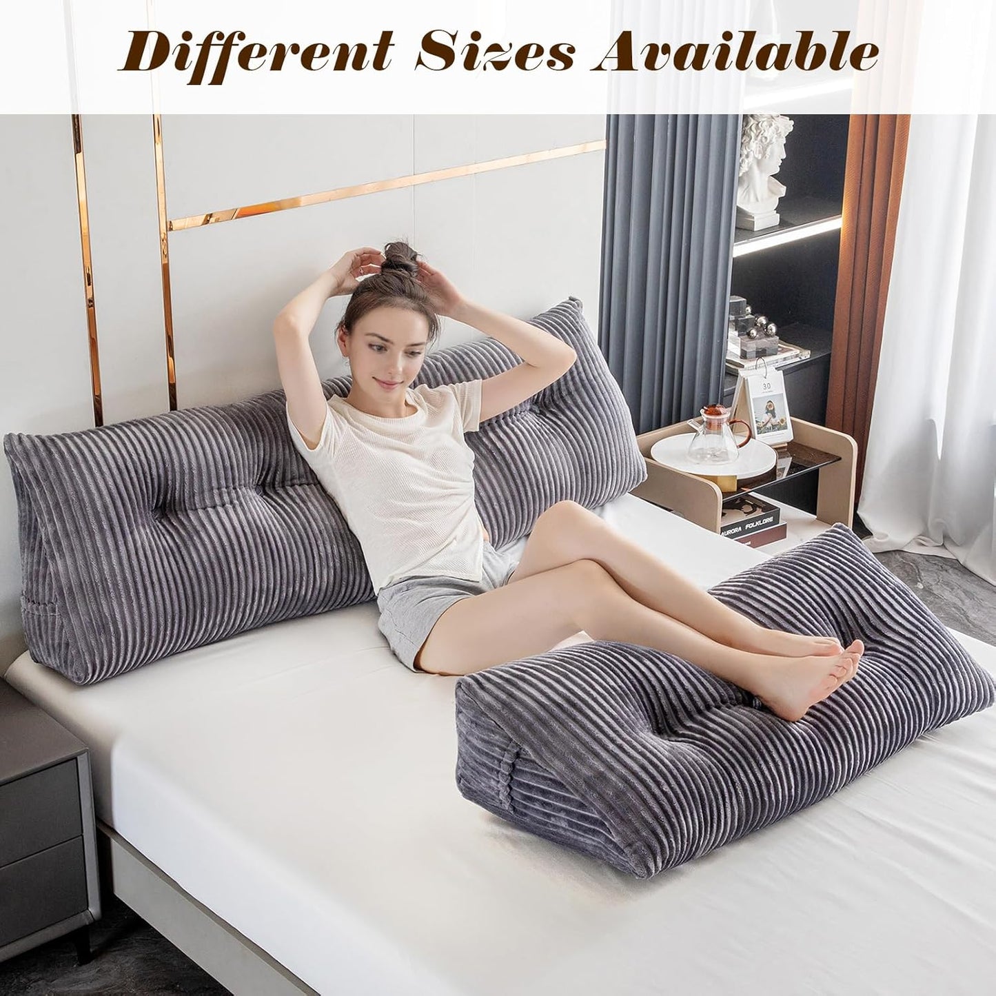 Large Triangular Headboard Wedge Bed Rest Reading Pillow Backrest Positioning Support Bolster Cushion with Removable Cover (Grey, CA King: 71x8x20 Inches)