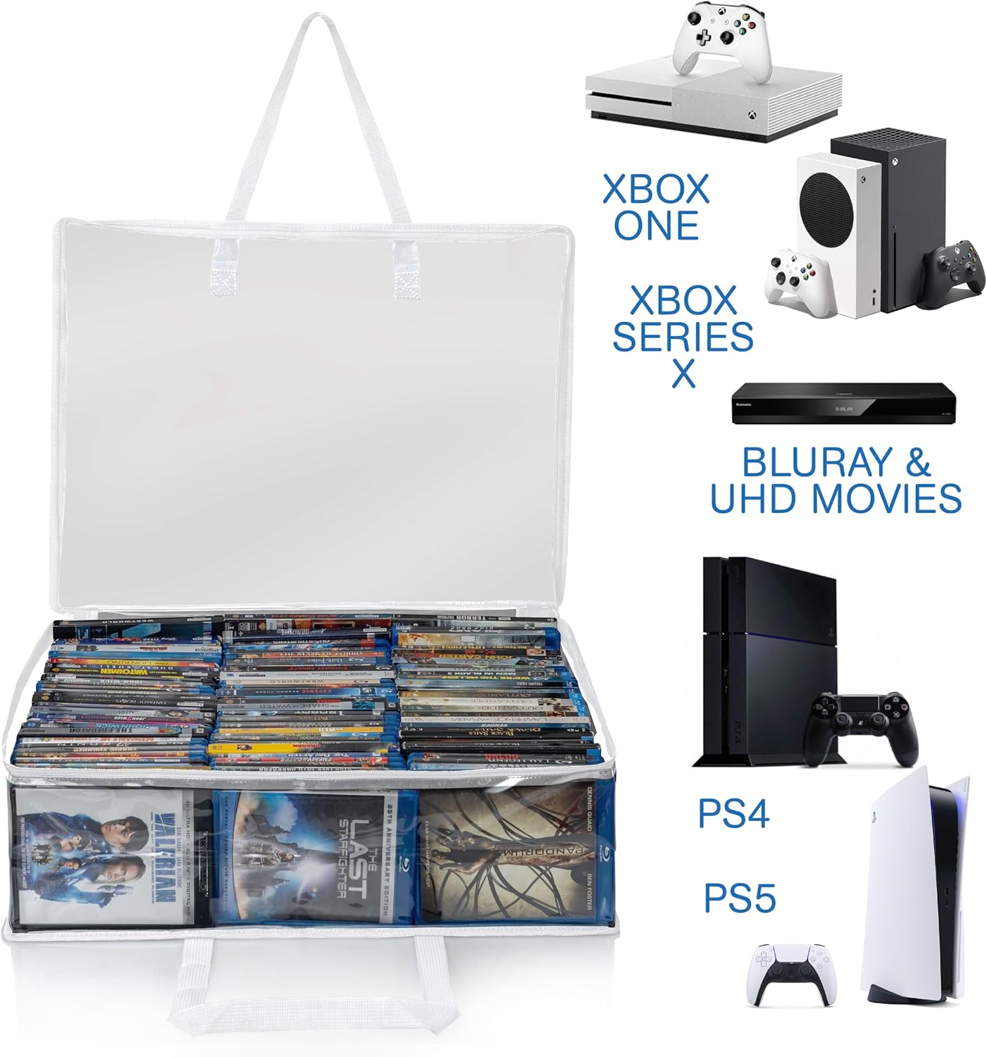 Besti Blu Ray Case Holder Organizer, Set of 2 Clear Plastic Bags with Handles for Storing Blurays, DVDs, CDs, Storage Bags for Video Game Cases, Holds Up To 90 Bluray and 60 DVD Cases (White)