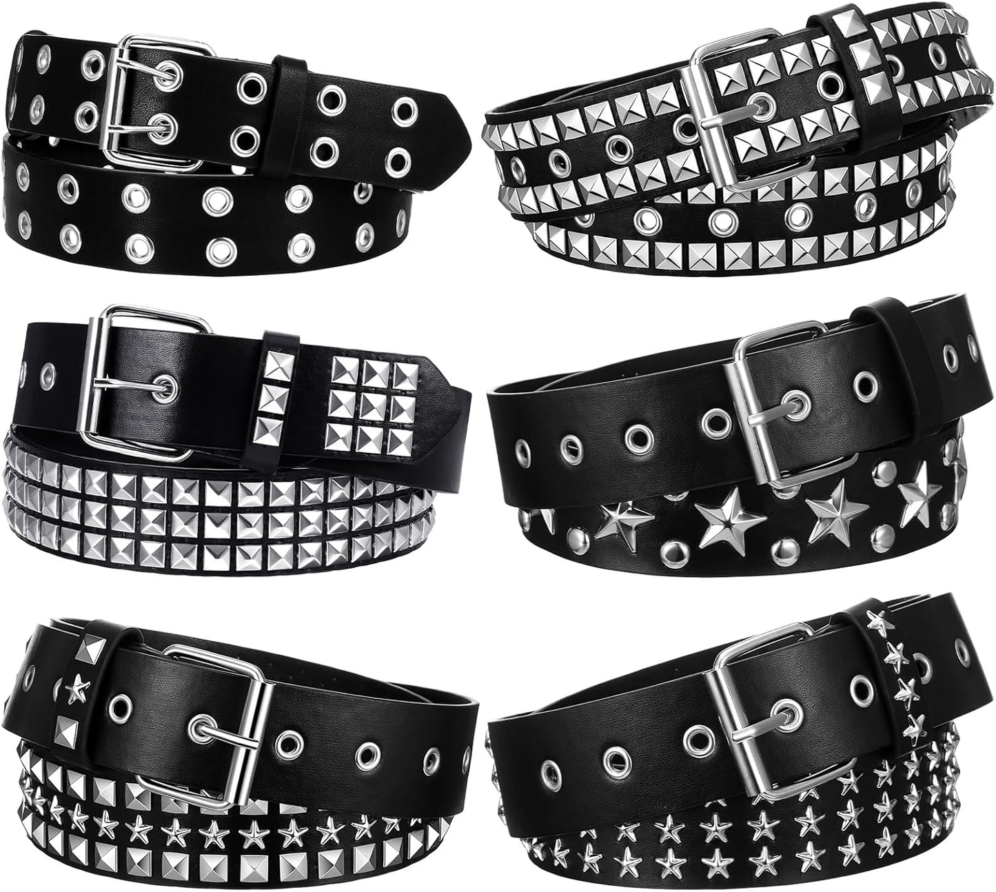 6Pcs Studded Belt Set for Men & Women - Punk Gothic Rivet Faux Leather Belts with Double Grommet, Square Studs, Small & Large Star Designs Adjustable Waist Belt for Jeans Costume Party Gift