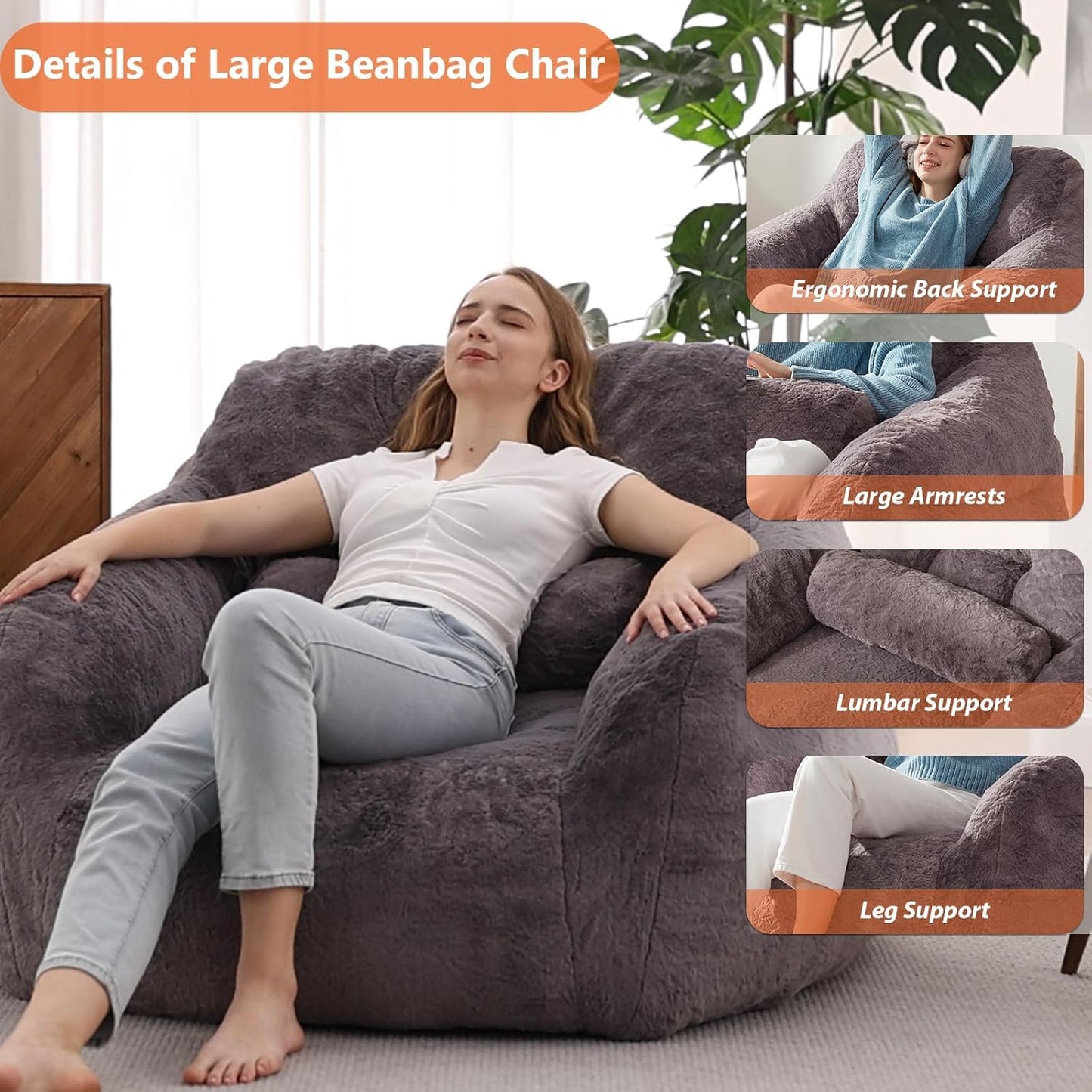 Bean Bag Chair for Adults with Pillow,Oversized Bean Bag Couch for Adults and Kids,Giant Lazy Couch Sofa Chairs with Filler,Large Reading Chair for Living Room Bedroom,Dark Gray