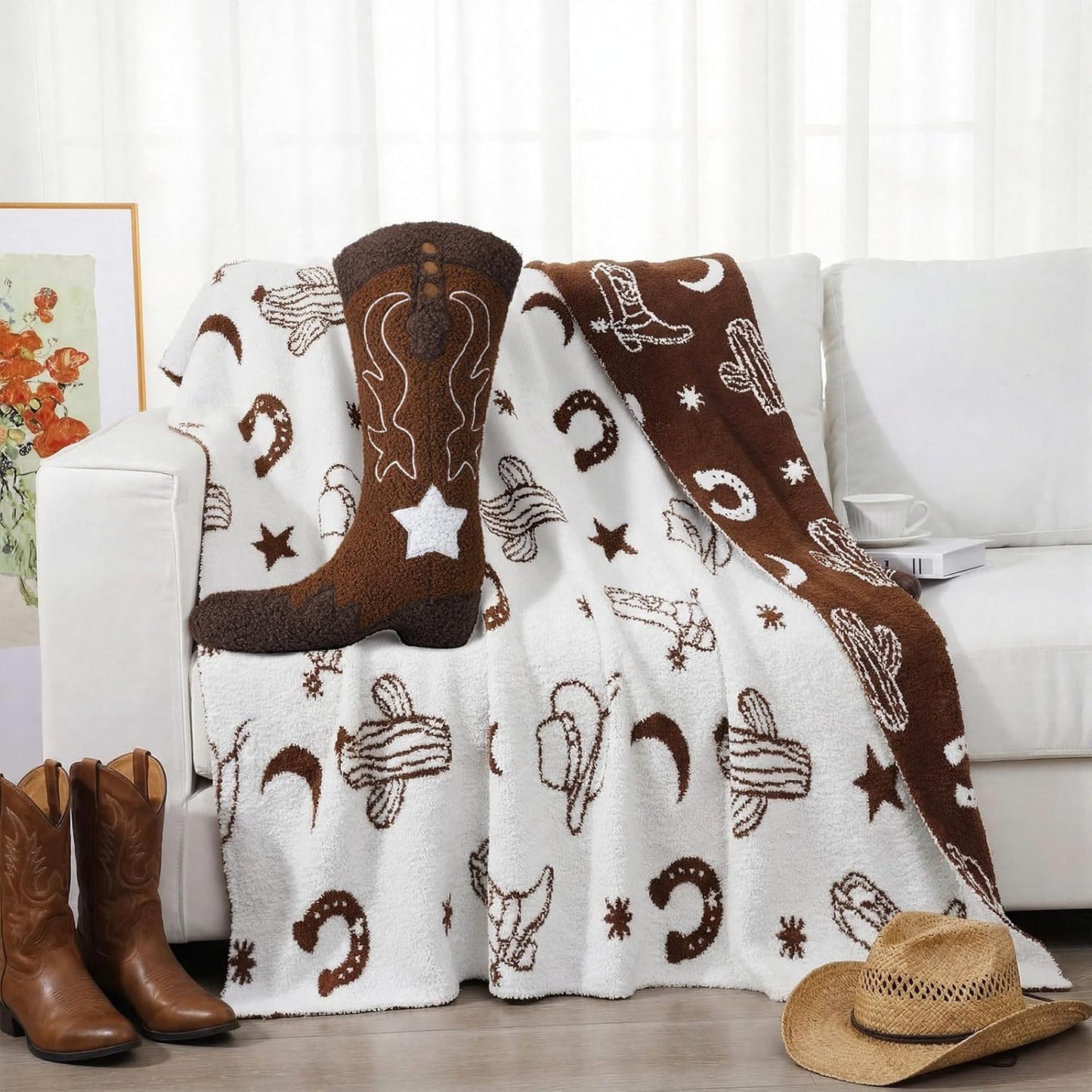 Western Cowboy Throw Blankets Pillow Set Include Brown Horse Shoes Cactus Beach Blanket 50 x 60 Inch and Cowboy Boot Plush Throw Pillows Cushion for Couch Sofa Bed Decoration