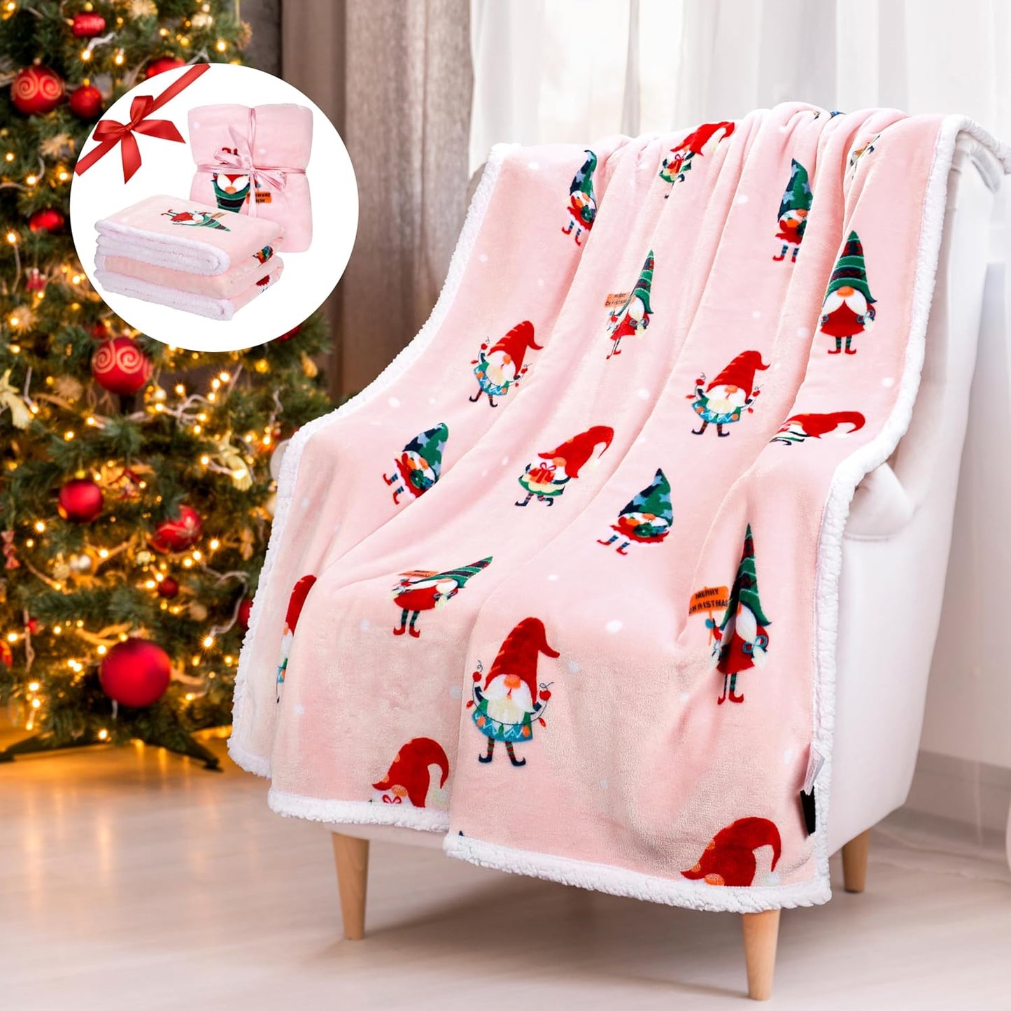 Solaris Santa Claus Sherpa Christmas Blanket, Soft Warm Cozy Reversible Fuzzy Fleece Patterns Holiday Throw Blanket for Couch Sofa Bed, Home Decor, Light Pink