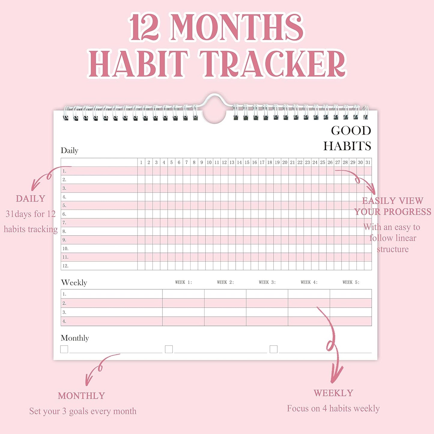 Habit Tracker Journal - Undated Weekly & Monthly Planner with Spiral Binding12Months, 8.5"x11' Pink