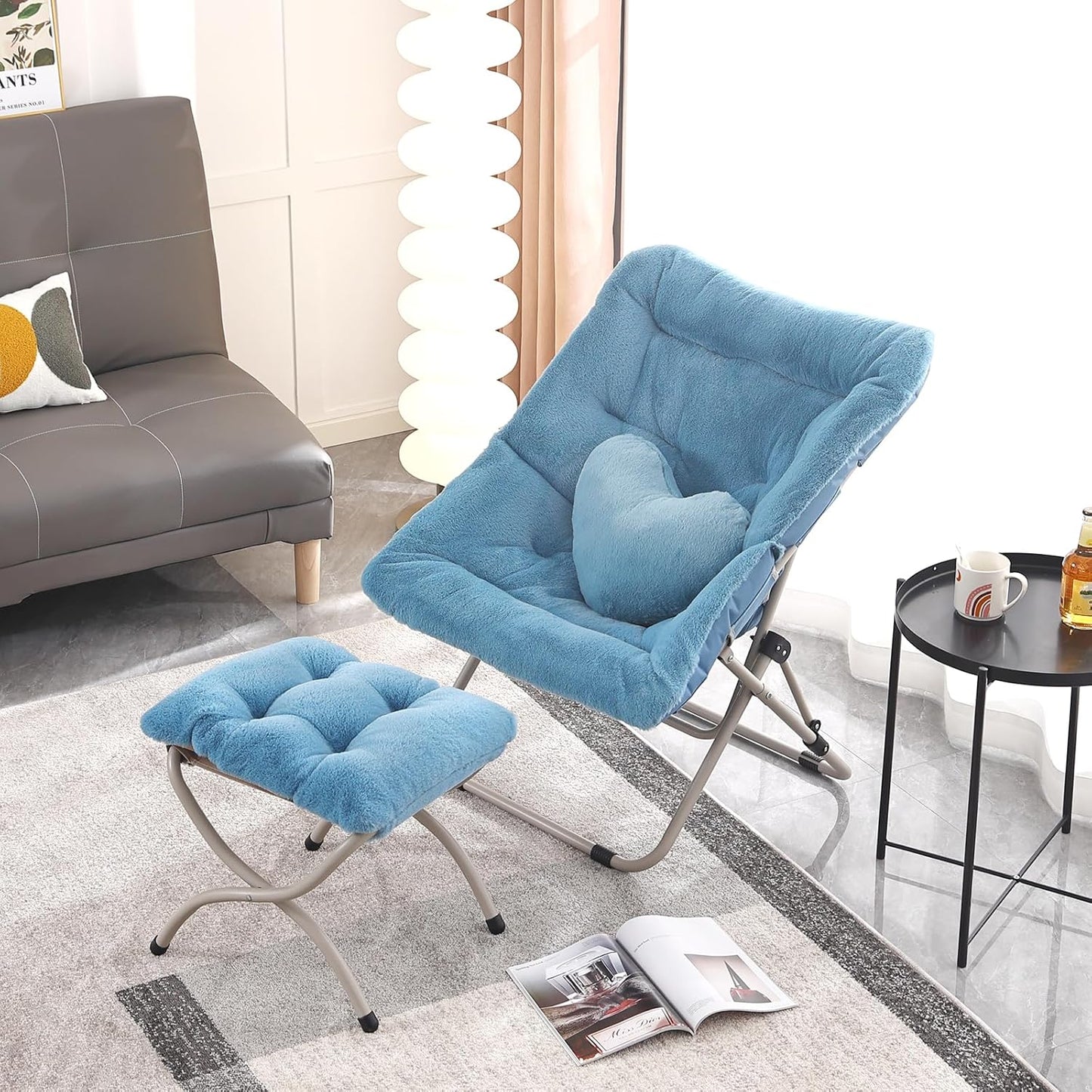 Saucer Chair with Ottoman, Comfy Oversized Folding Chair, Faux-Fur Reading Chair for Teens, Adults, Foldable Accent Lazy Chair, Metal Frame Chair for Living Room, Bedroom, Blue