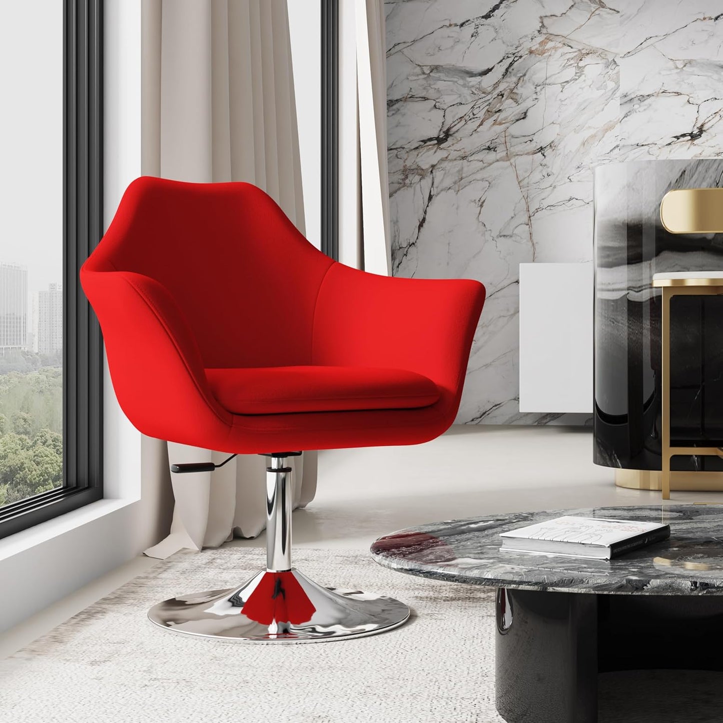 Manhattan Comfort Kinsey Adjustable Swivel Accent Chair Set of 2 with 360° Turn, Upholstered in Wool Blend, Polished Chrome Base, Ergonomic Design for Living Room & Home Office, 300 Lbs Capacity, Red