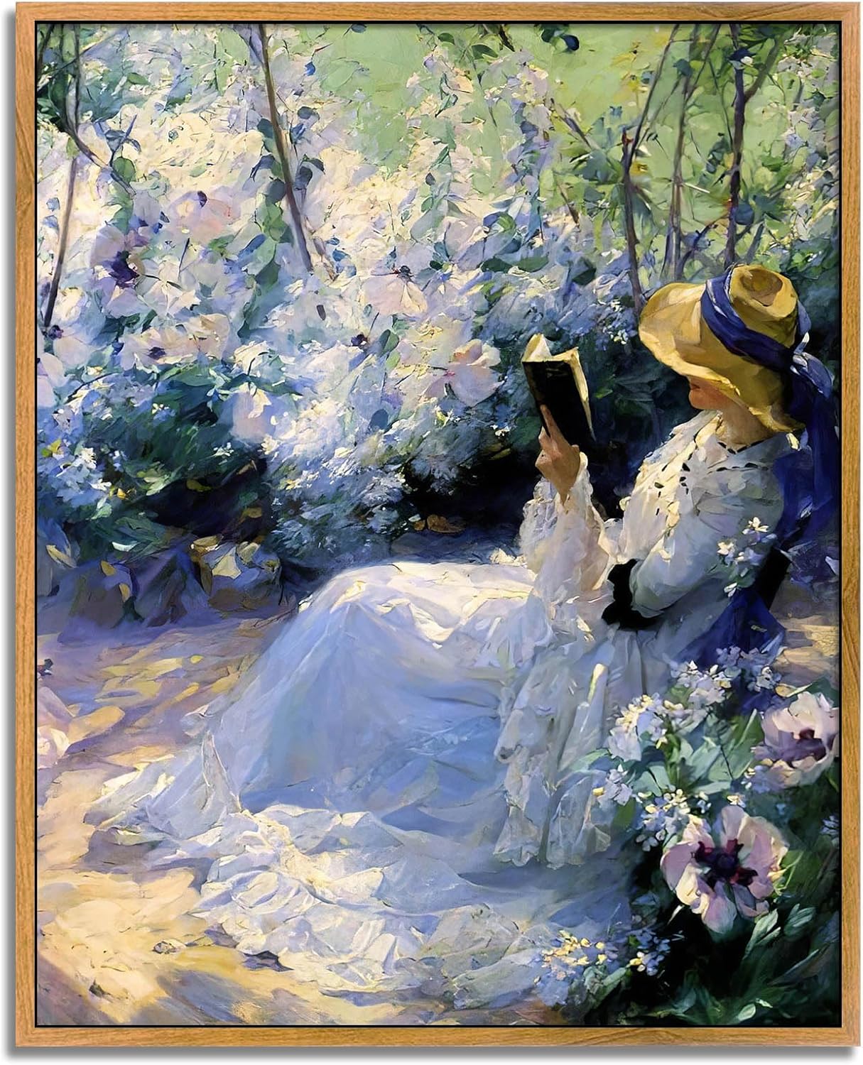 Rustic Wildflower Print Women French Painting Vintage Victorian Wall Art Purple Flower Artwork Vintage Women Picture Woman Reading Wall Art Farmhouse Women Painting Purple Landscape Picture 8x10in Framed