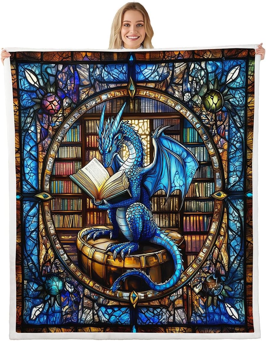 Manfei Western Dragon Kids Throw Blanket,Blue Dragon Reading Book Bookshelf Bed Blanket for Boys Girls,Geometric Patchwork Abstract Fleece Blanket,Trippy Chic Fuzzy Blanket,Twin Size (60 x 80 Inches)